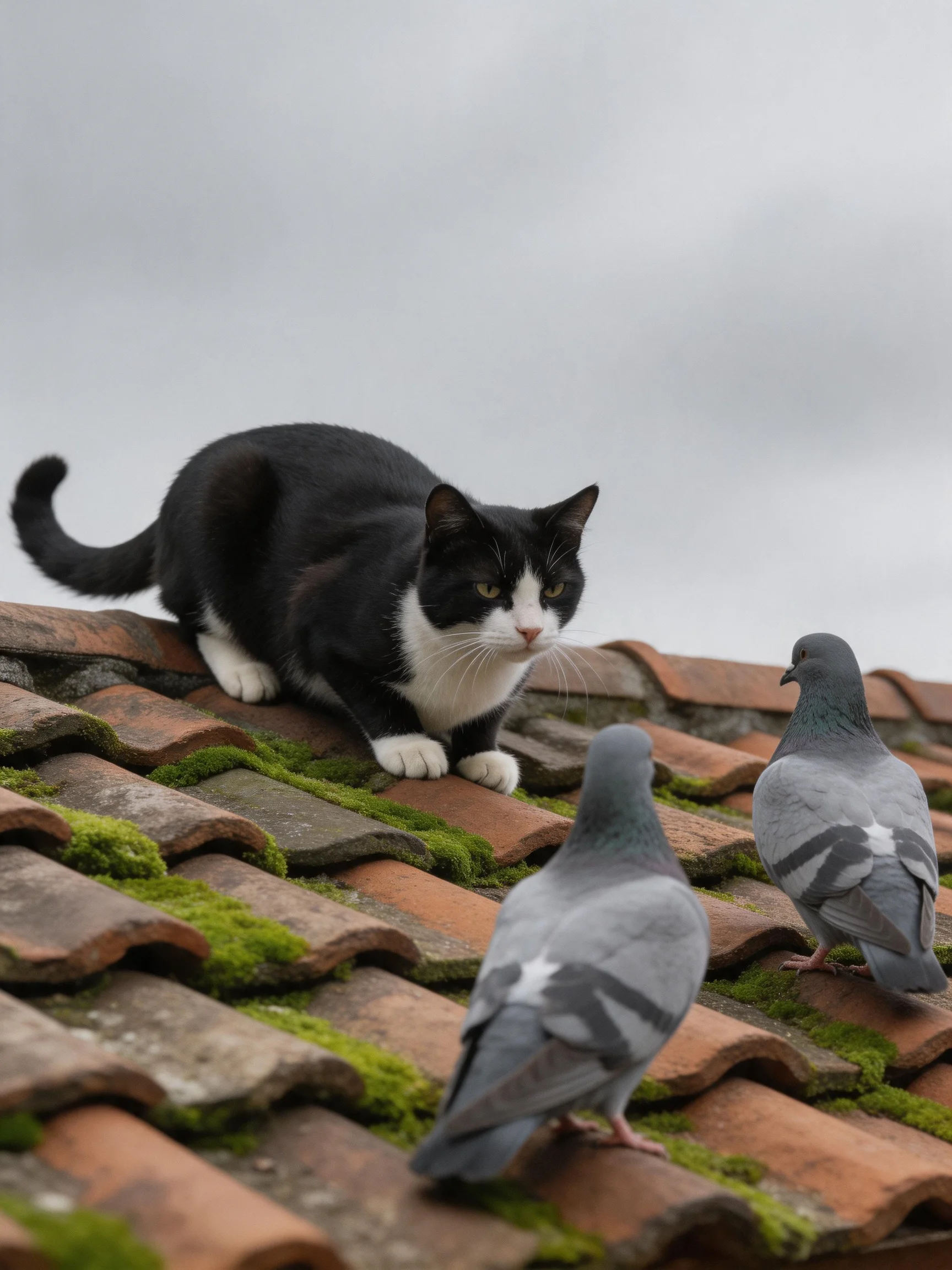 A black-and-white cat watches two gray pigeons on a mossy tile roof