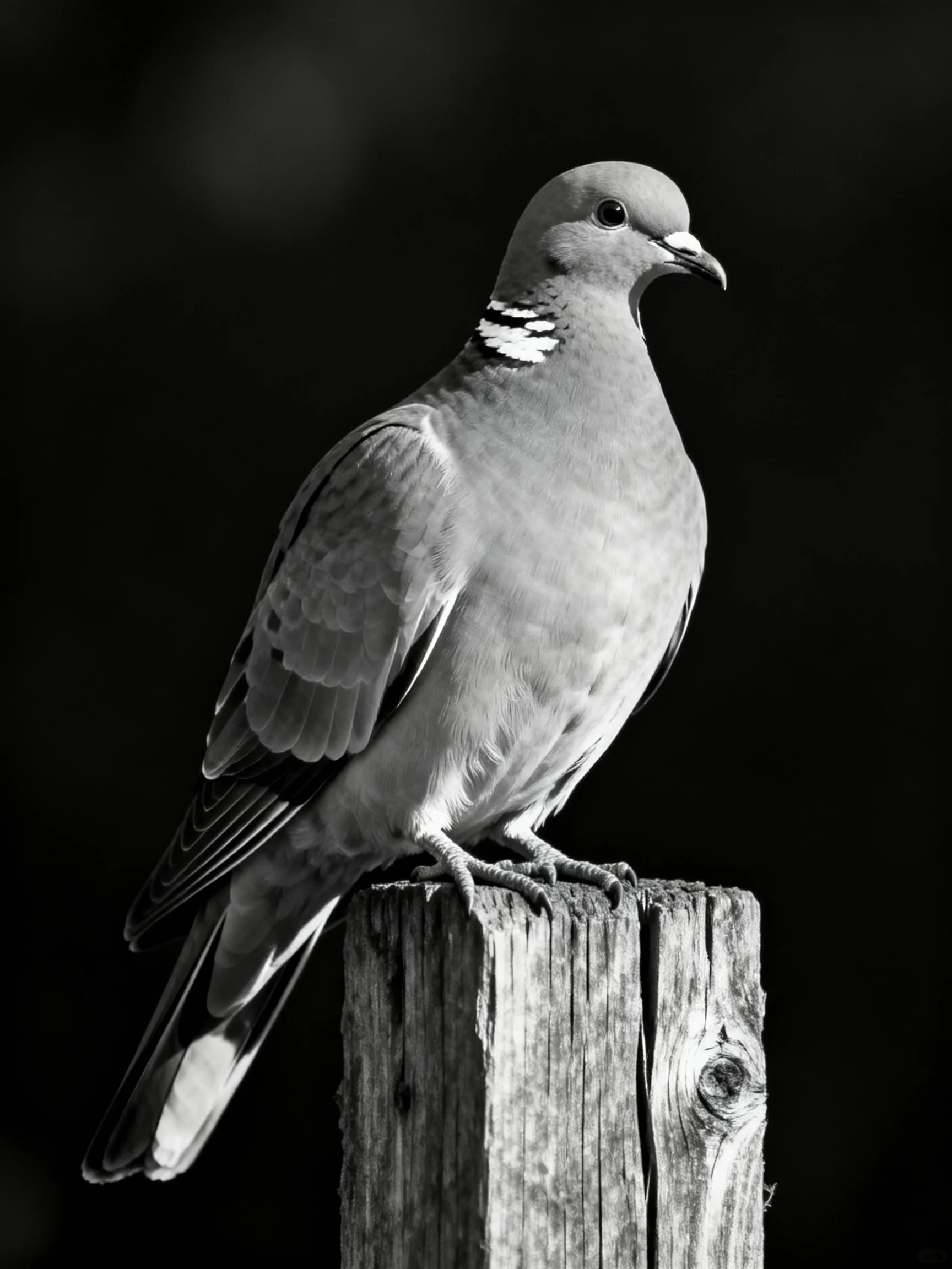 A black and white image of a pigeon with a neck band on a wooden post
