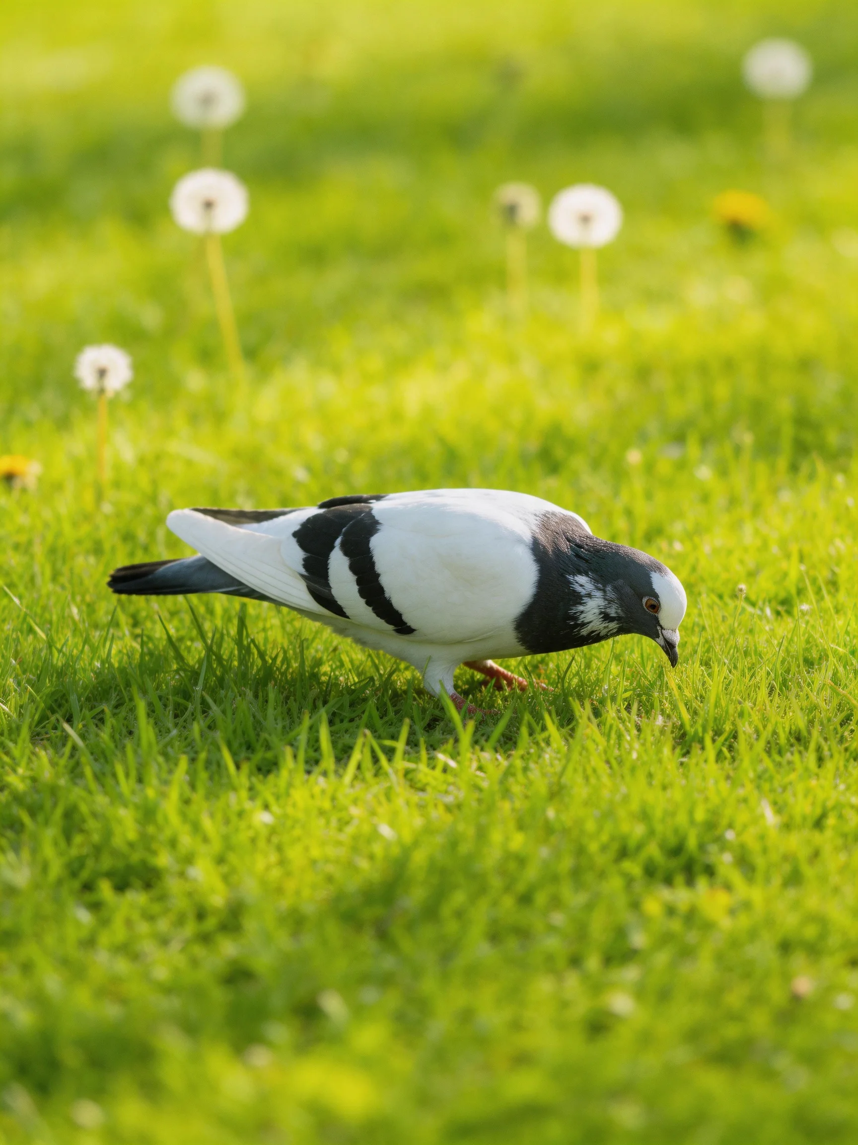 A black-and-white pigeon forages in lush green grass with dandelions