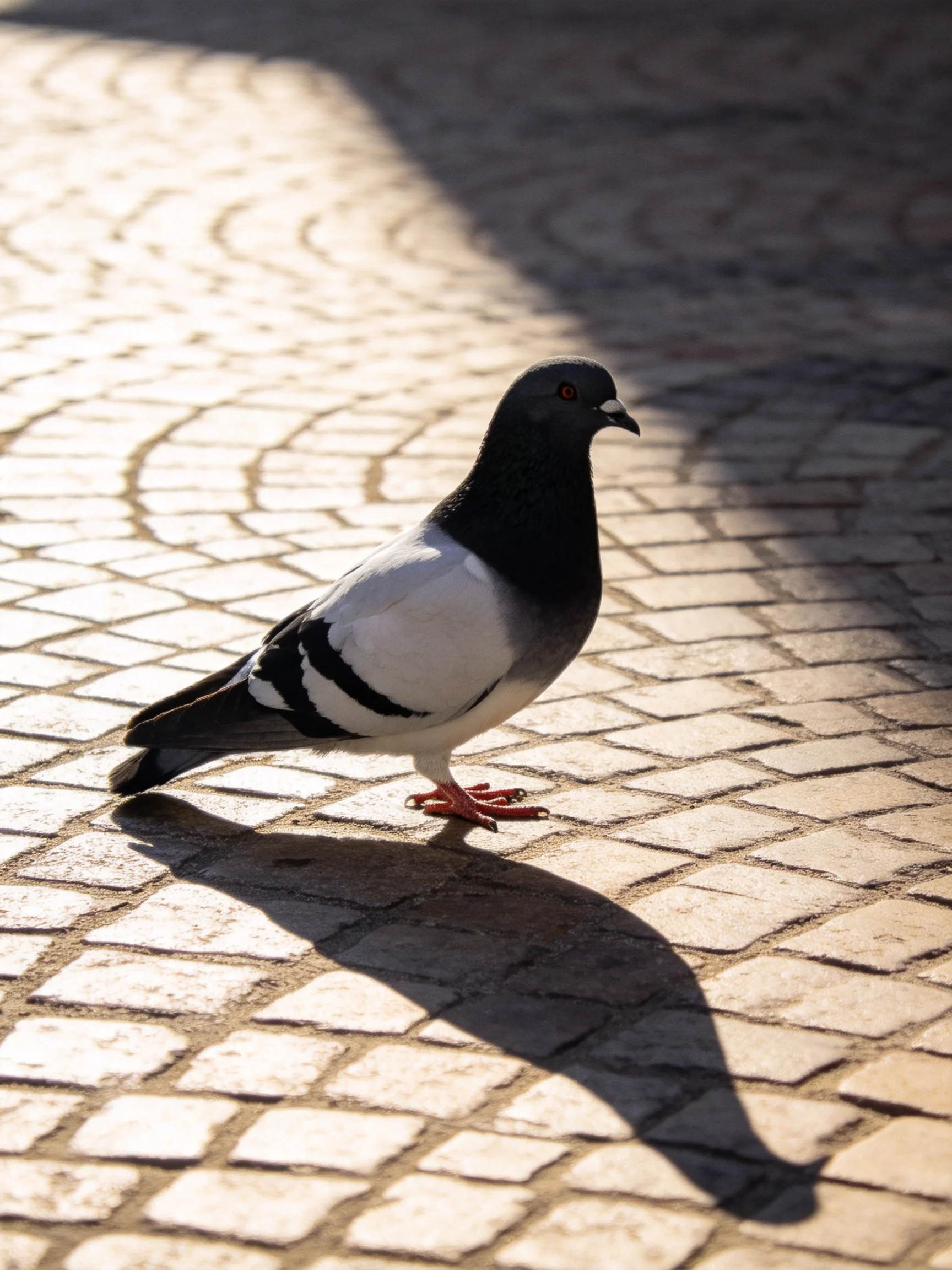 A black-and-white pigeon walks on a sunlit cobblestone surface.