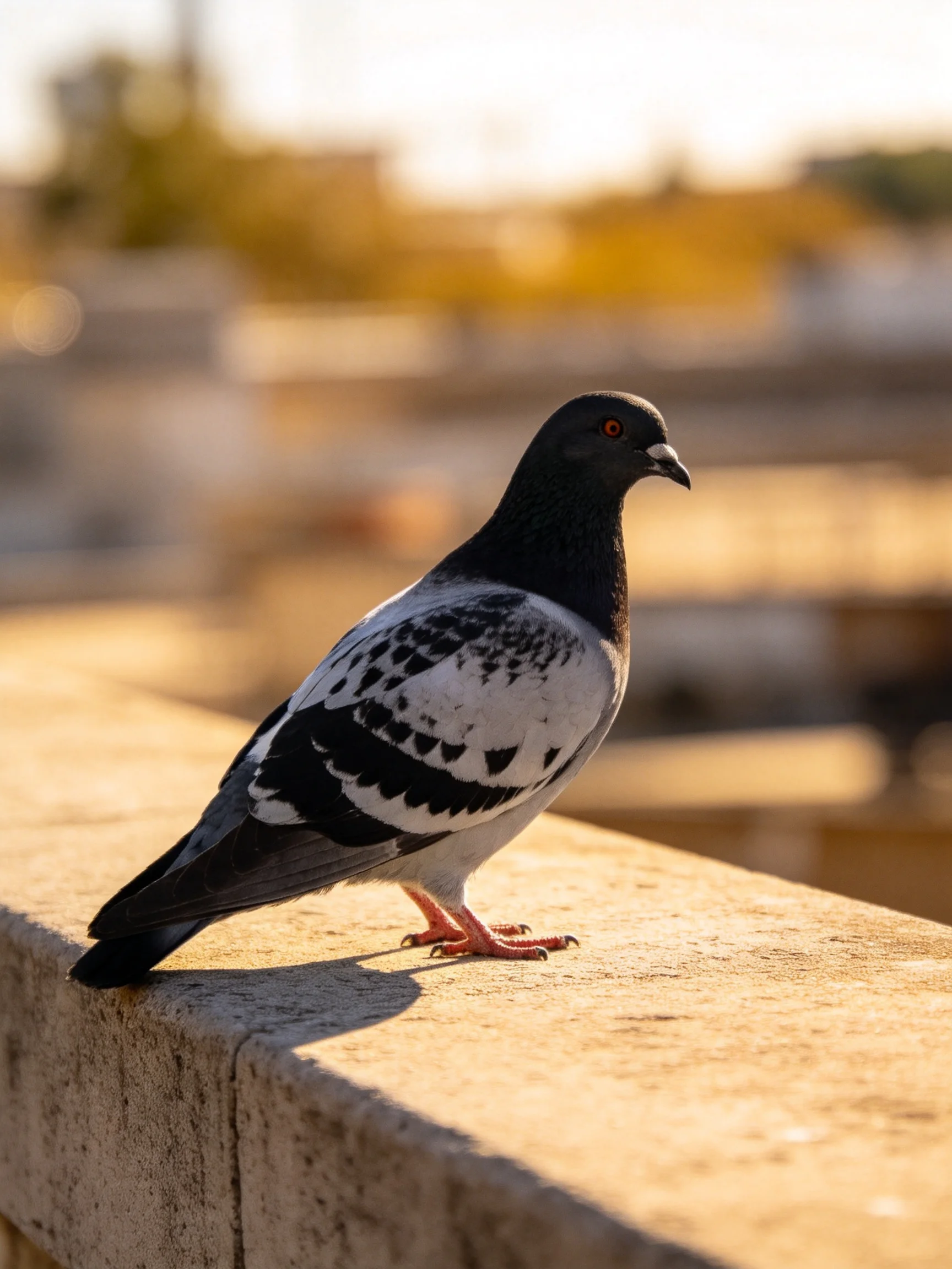 A black-and-white pigeon stands on a sunlit stone ledge.