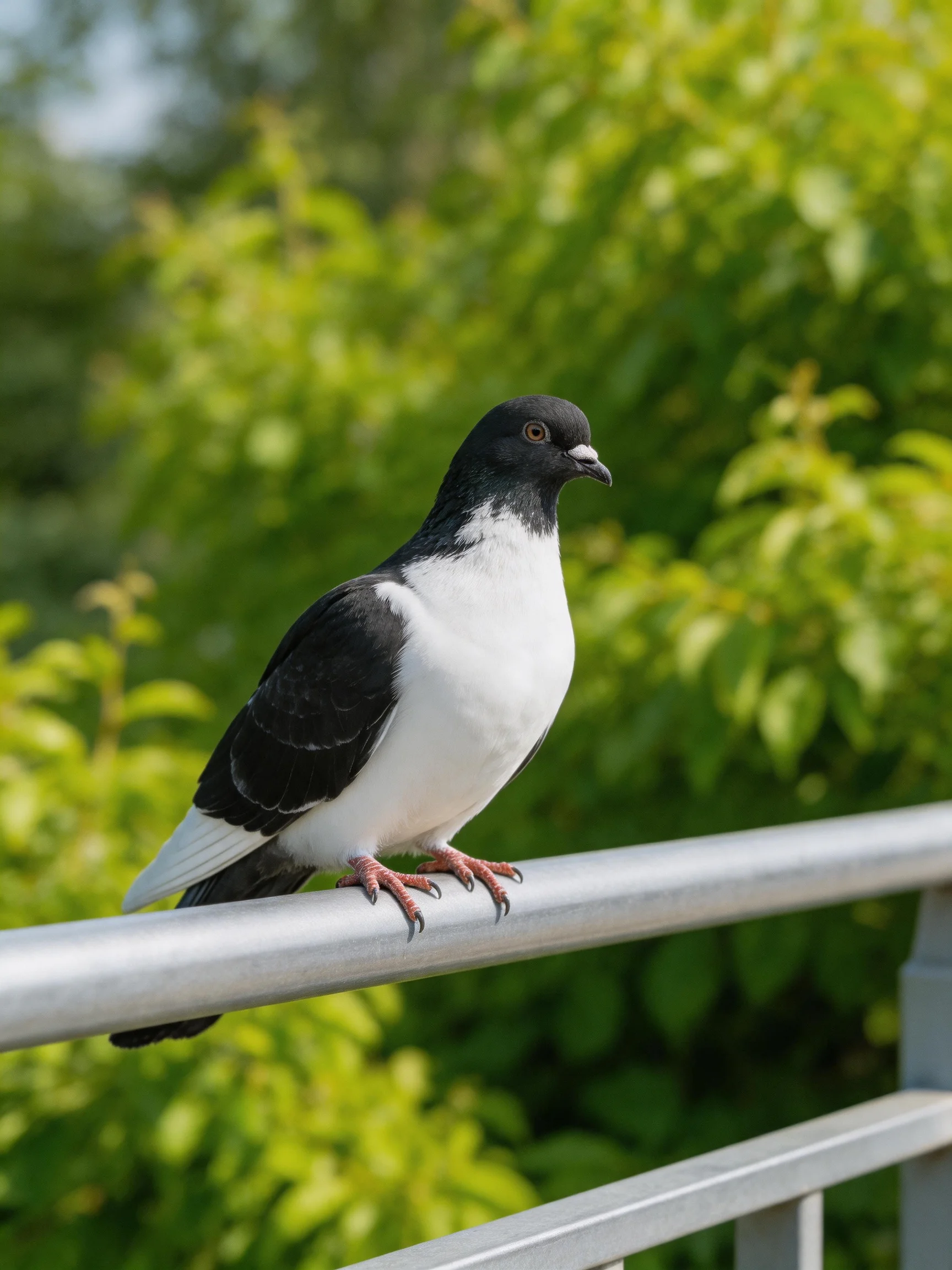 A black and white pigeon perches on a metallic railing with lush green foliage