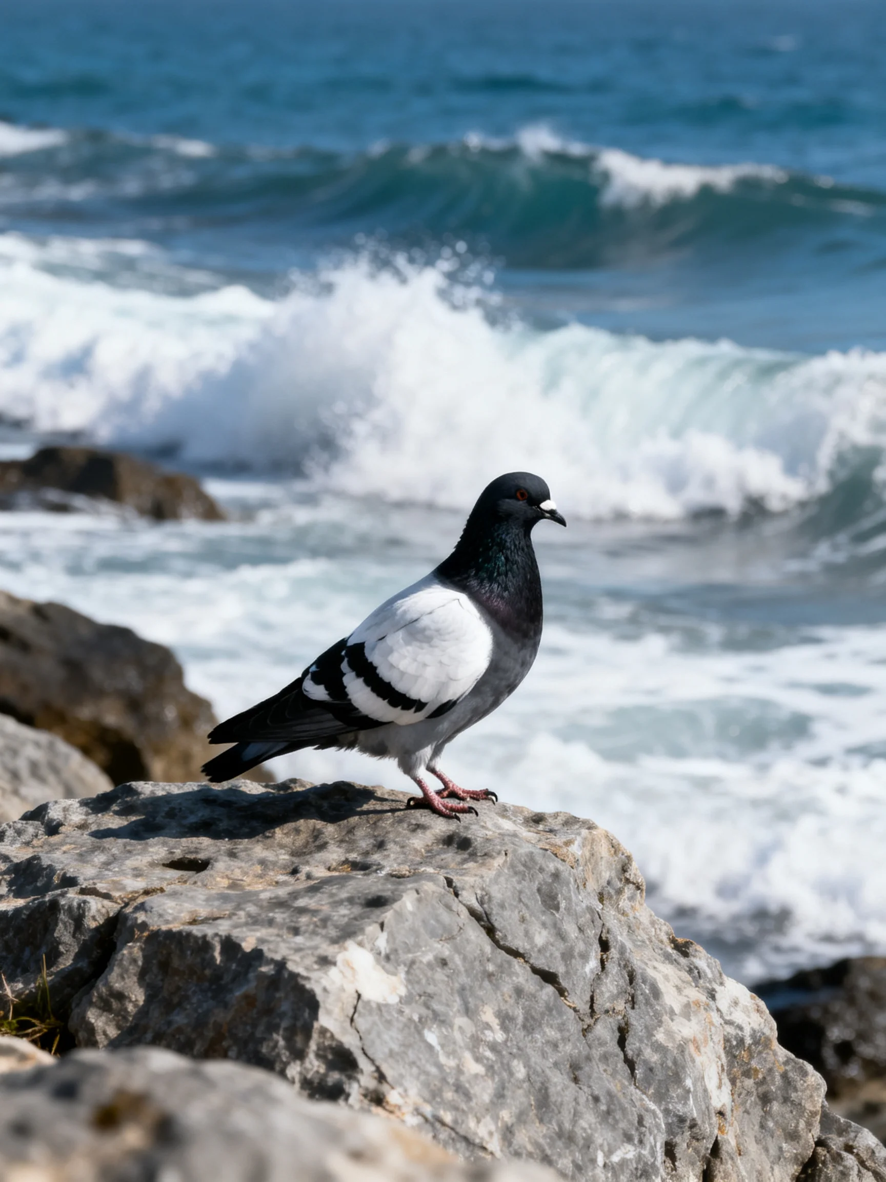 A black-and-white pigeon sits on coastal rocks near crashing ocean waves.
