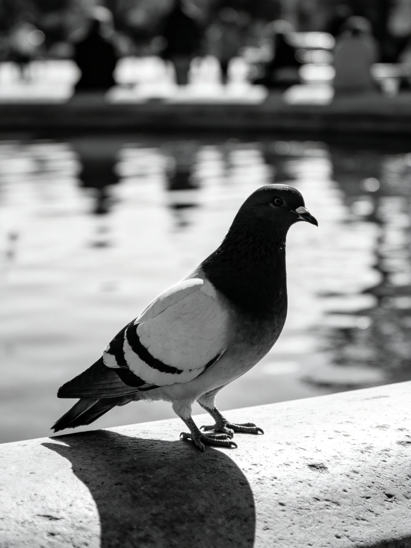 A black-and-white pigeon rests near a calm water body.
