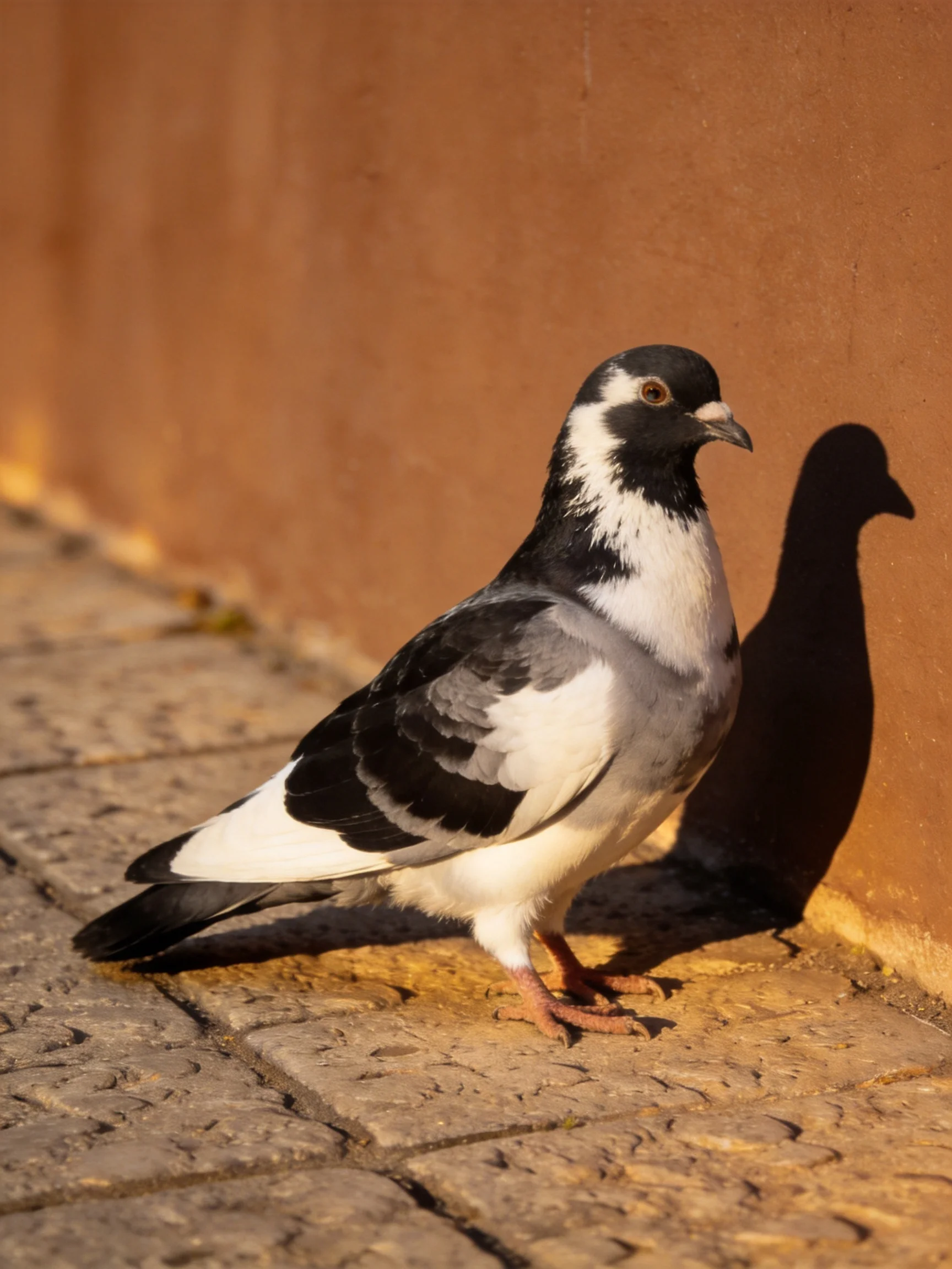 A black-and-white pigeon stands by a warm brown wall on stone pavement