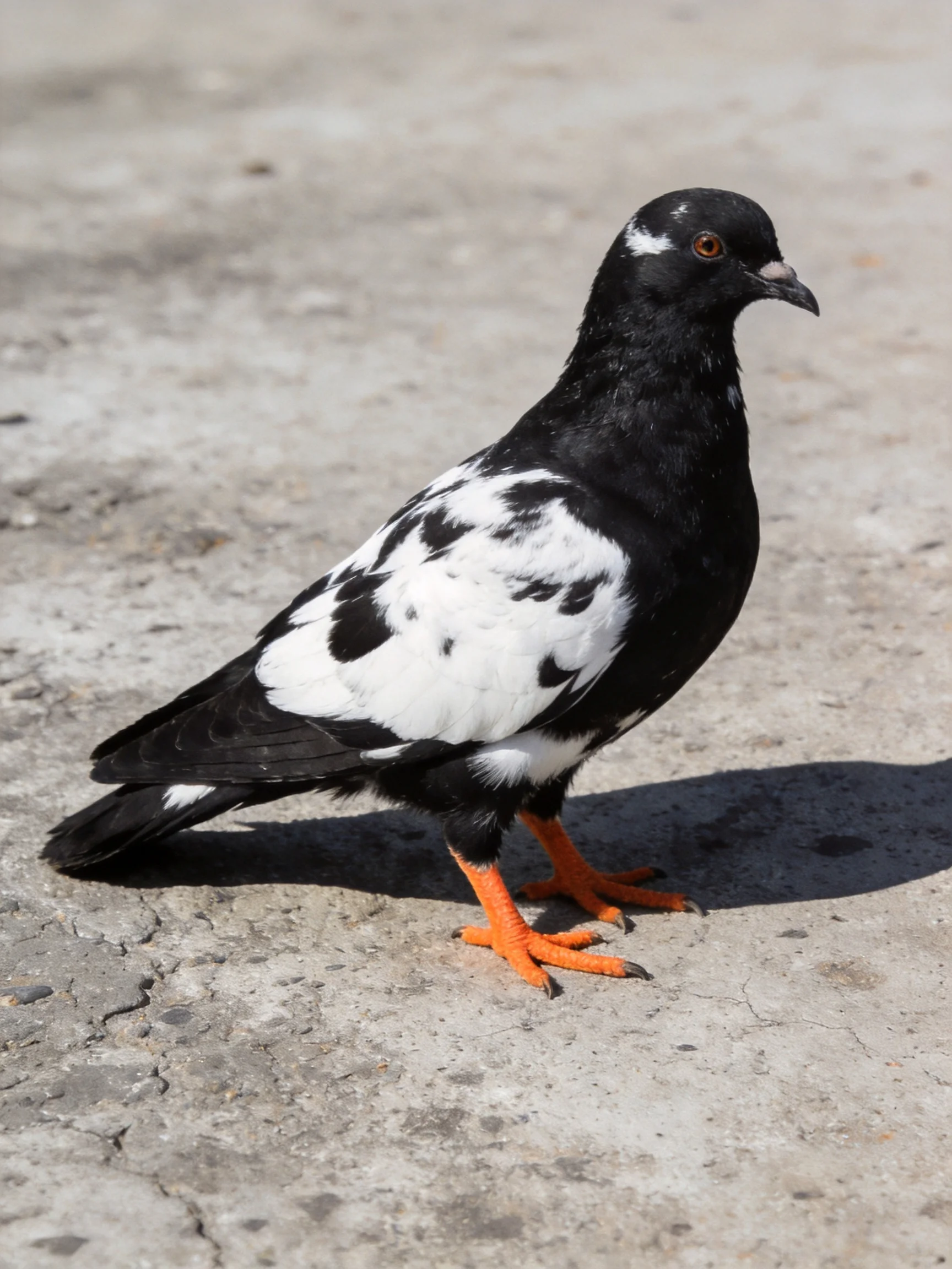 A black and white pigeon with bright orange feet on cracked pavement