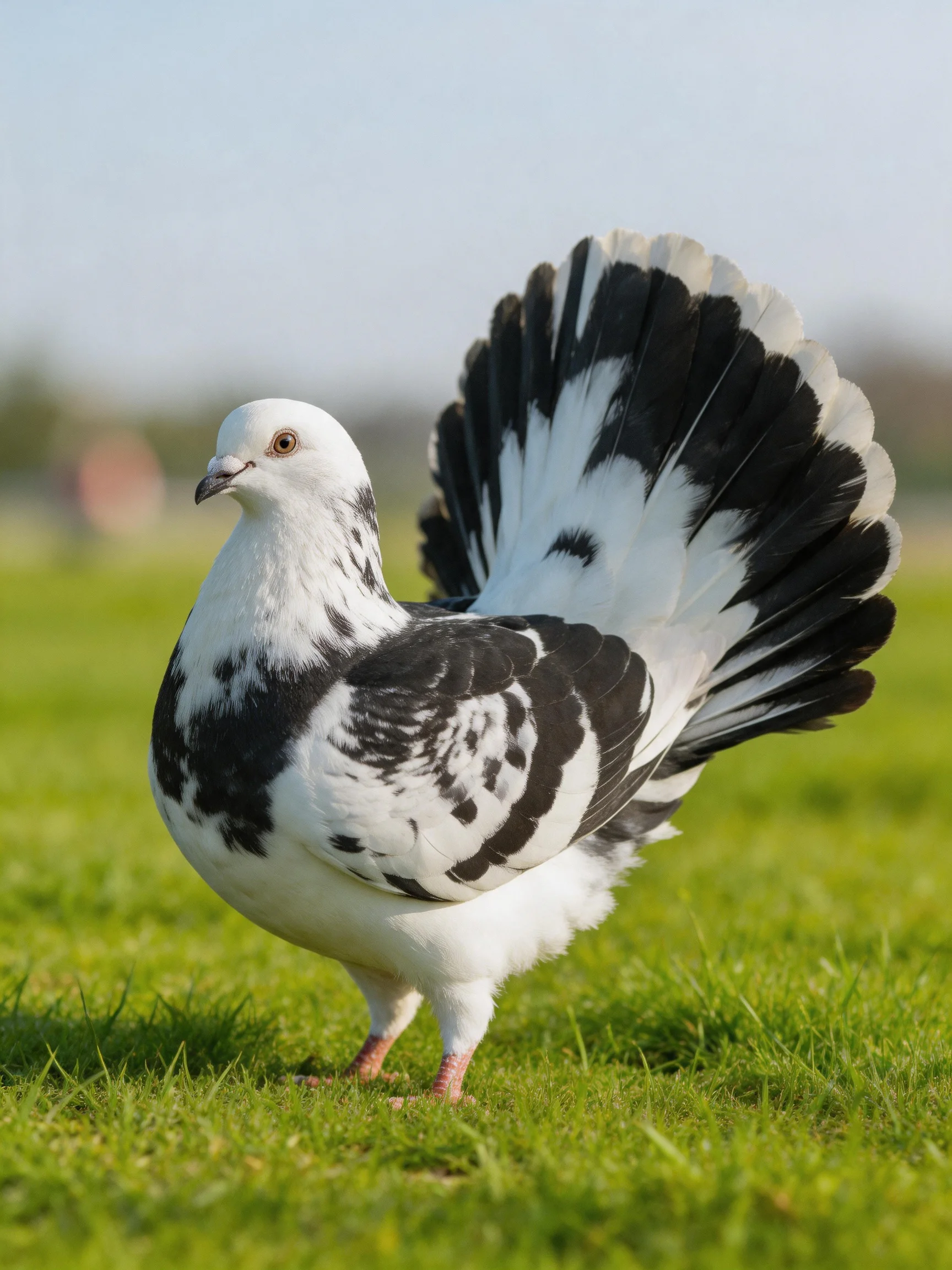 A black-and-white pigeon stands on green grass.