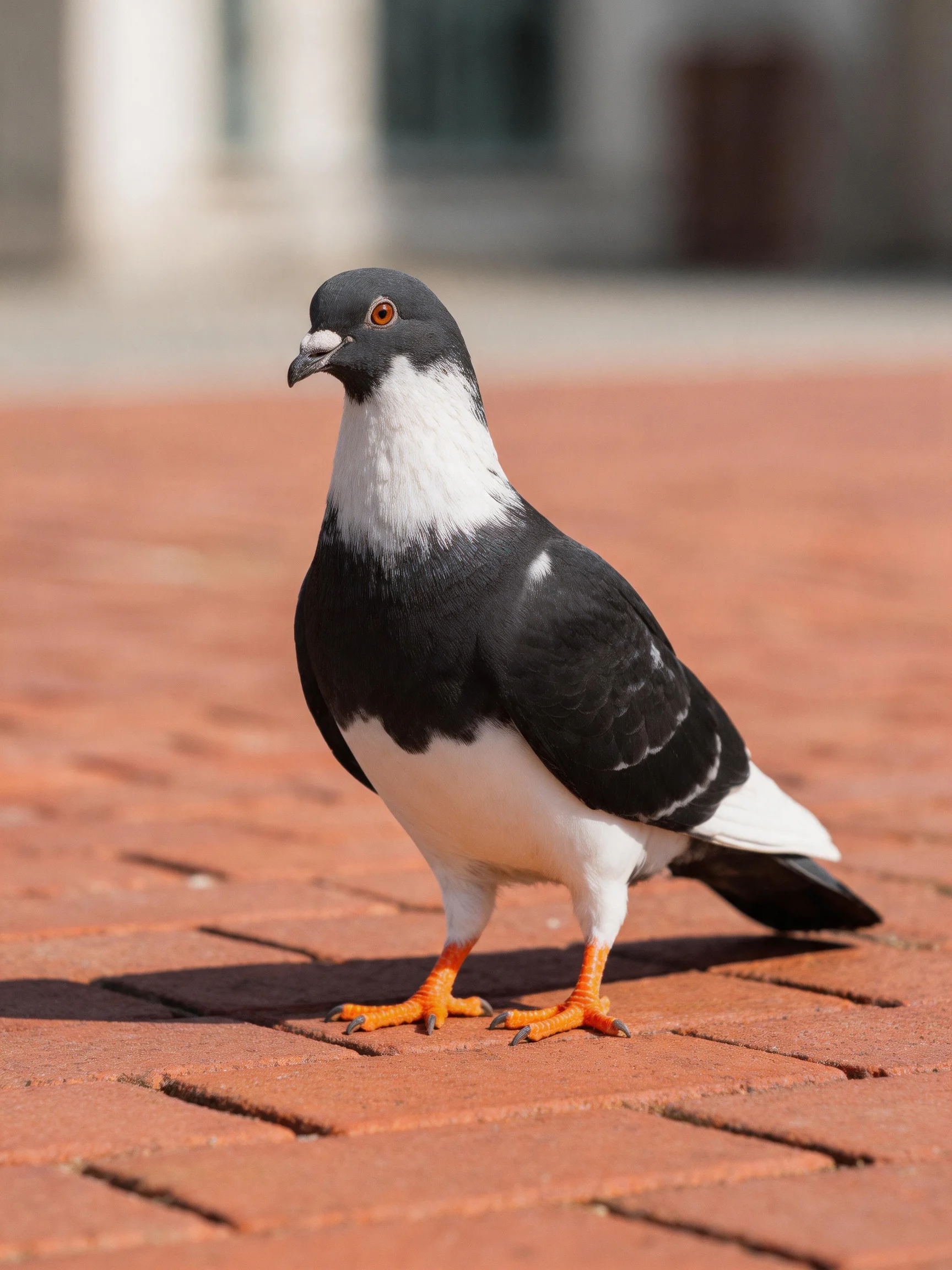 Pigeon with black, white plumage and orange feet on reddish bricks.