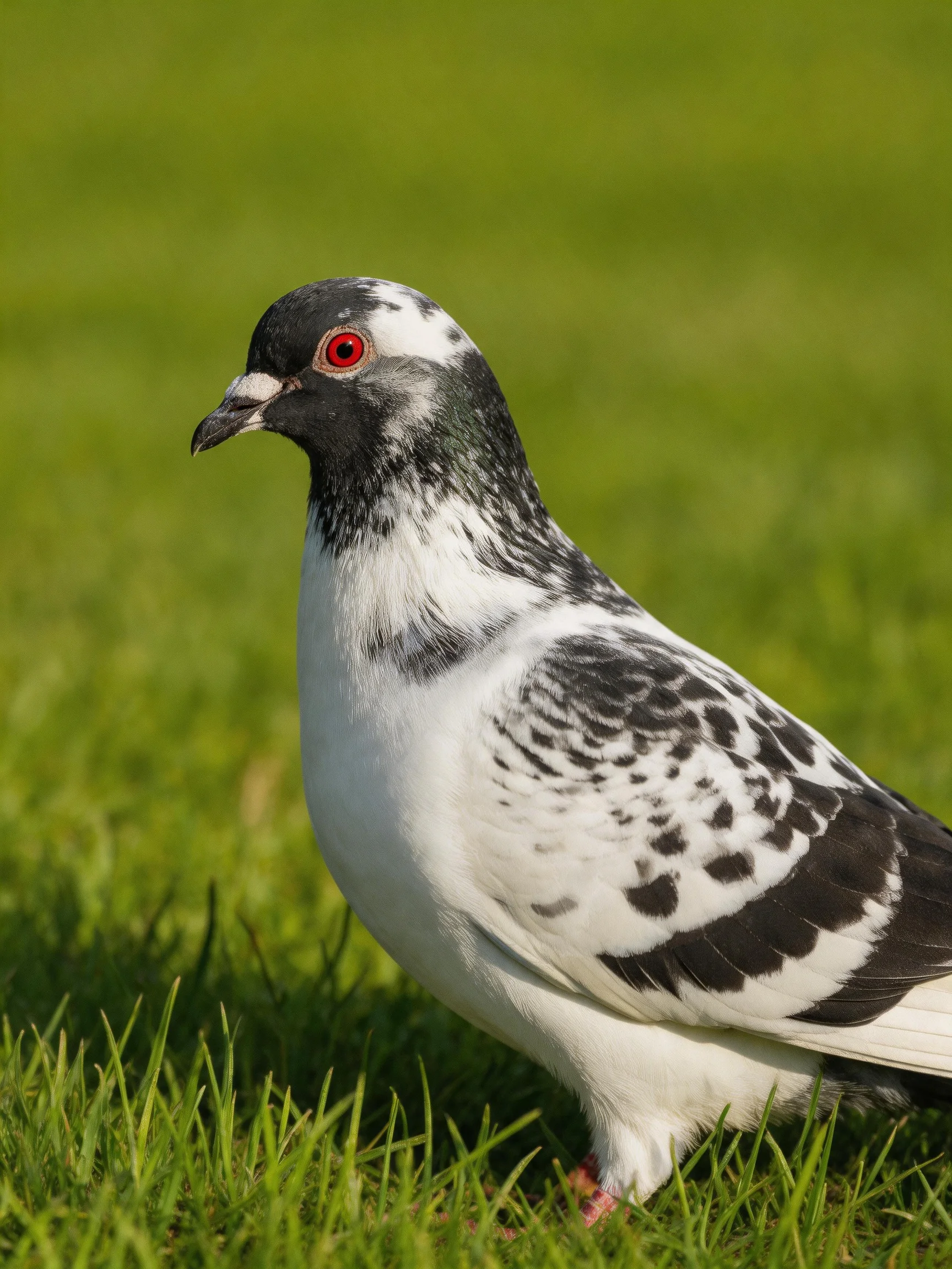 A black-and-white pigeon with red eyes stands in a sunlit grassy area.