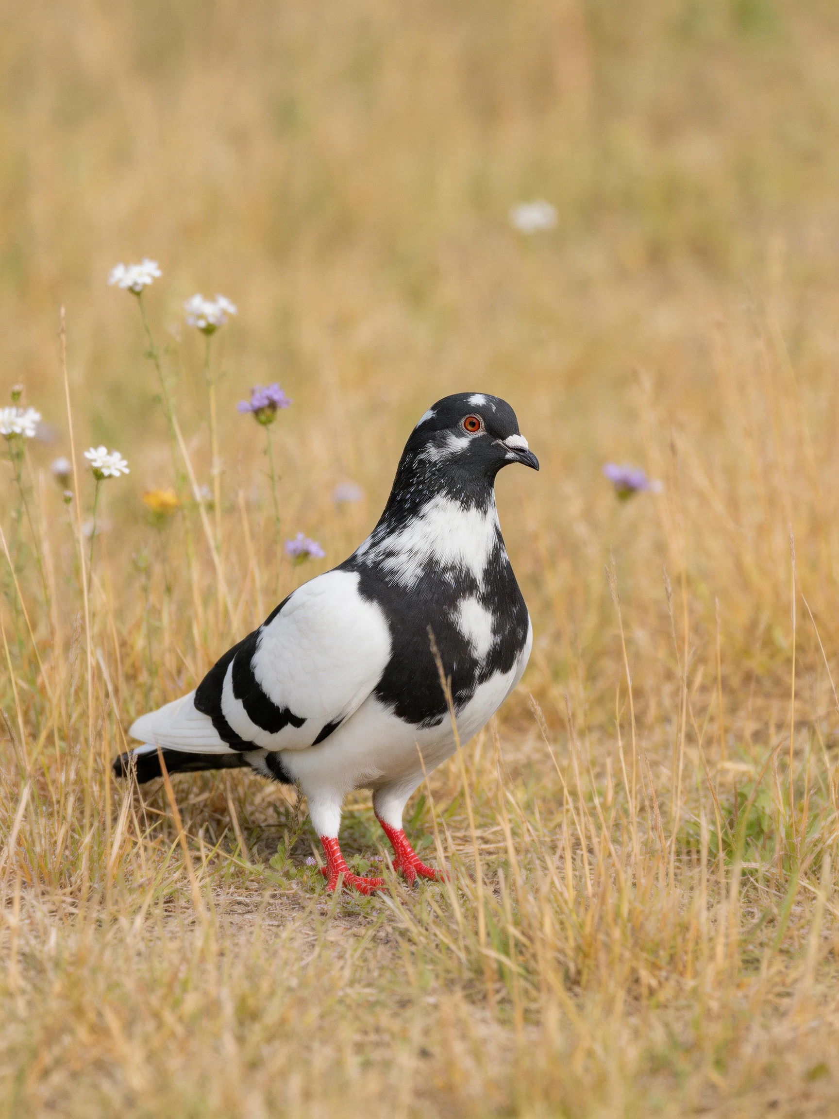 A black-and-white pigeon with red feet stands in a grassy field with wildflowers.