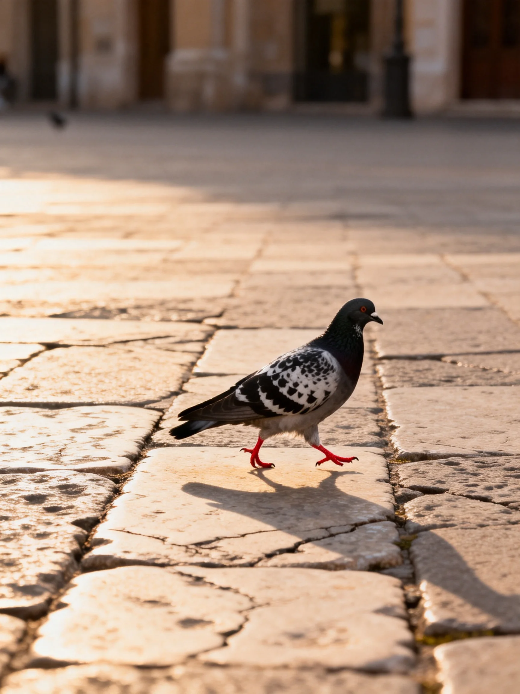 A pigeon with black, white, and red plumage walks on weathered stone pavement.