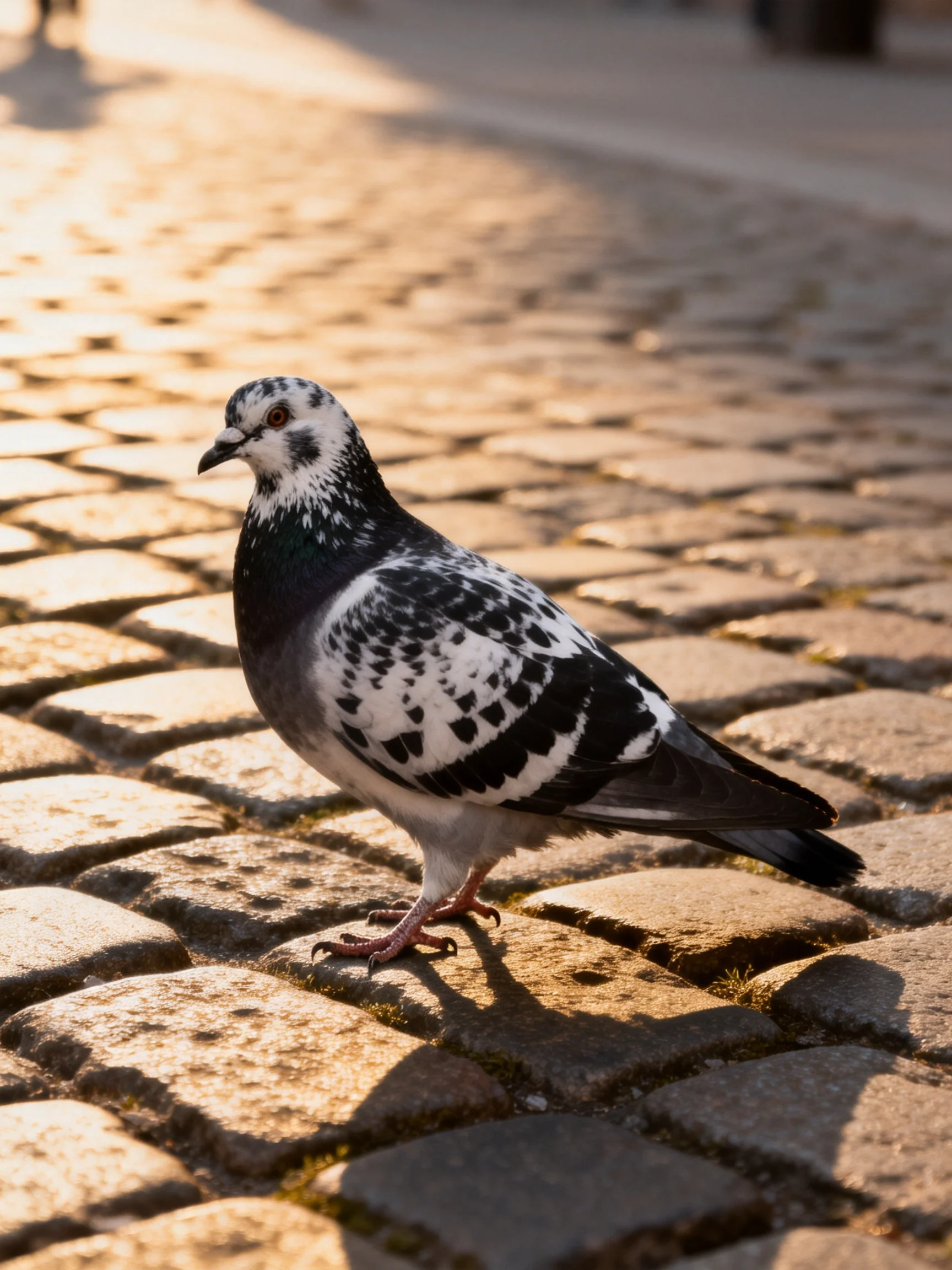 A black-and-white speckled pigeon on a sunlit cobblestone path