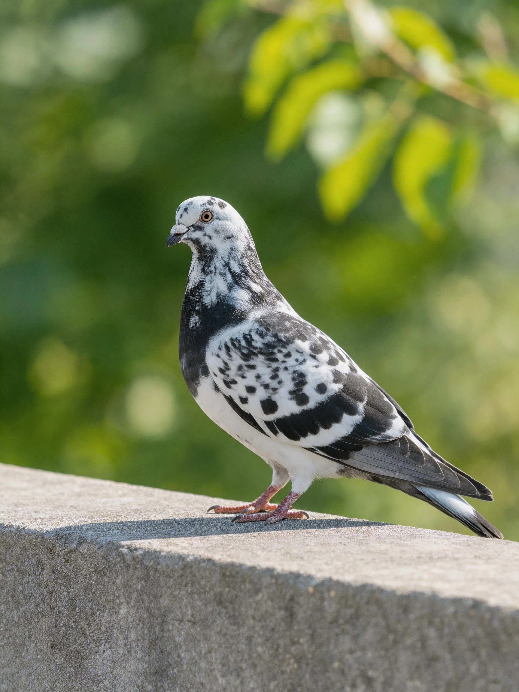 A black and white speckled pigeon perched on a concrete ledge