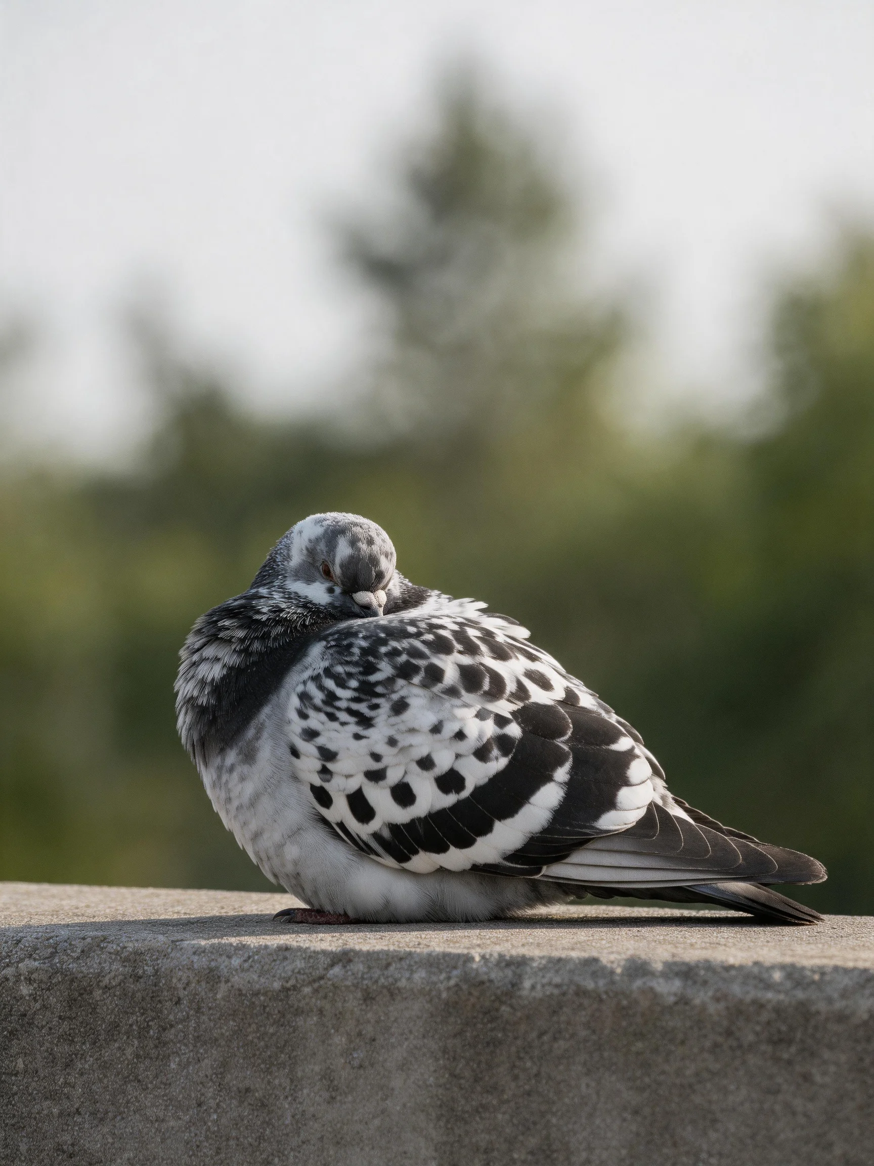 A black-and-white speckled pigeon resting on a concrete ledge