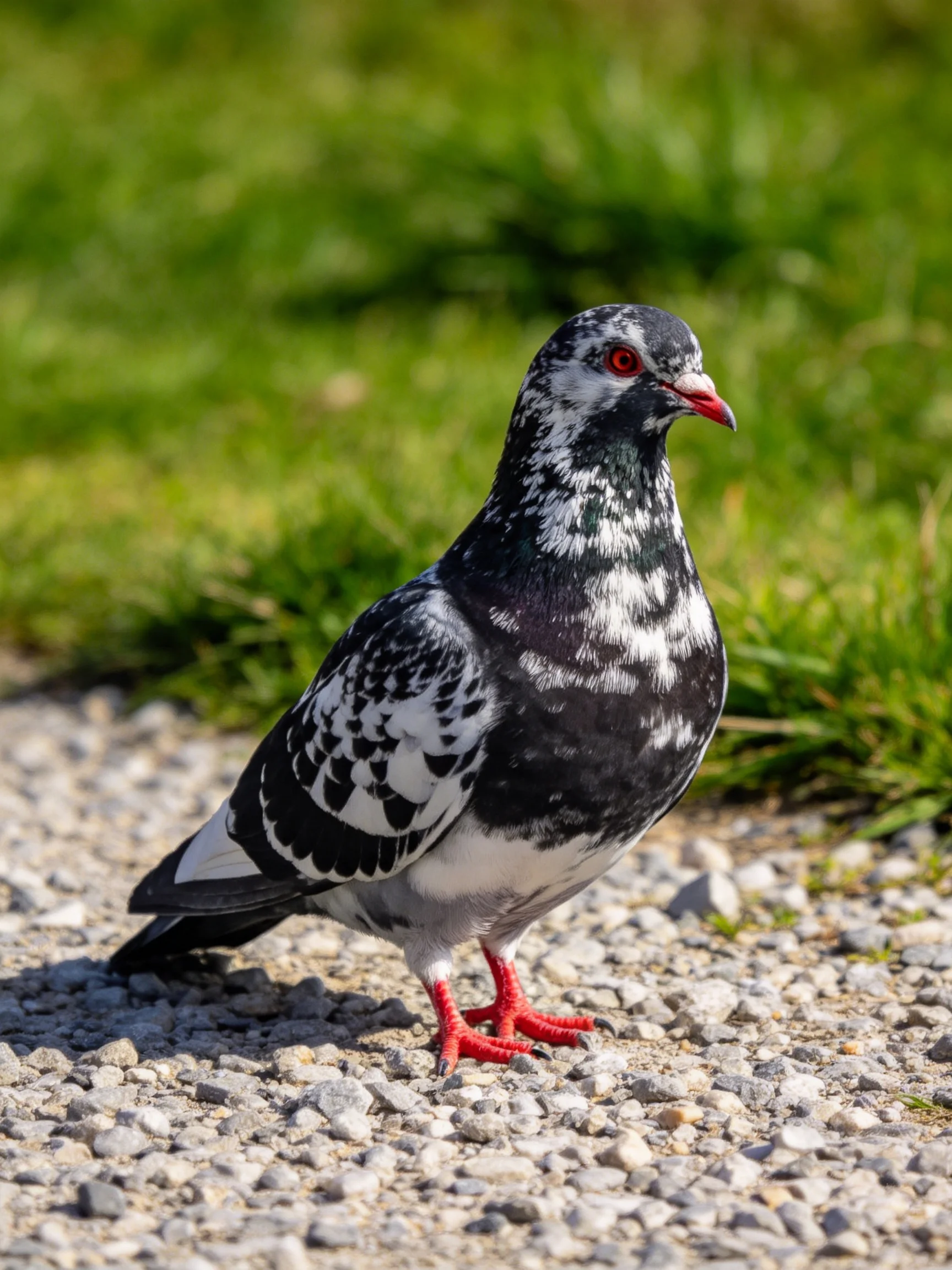 A speckled black and white pigeon stands on gravel near green grass.