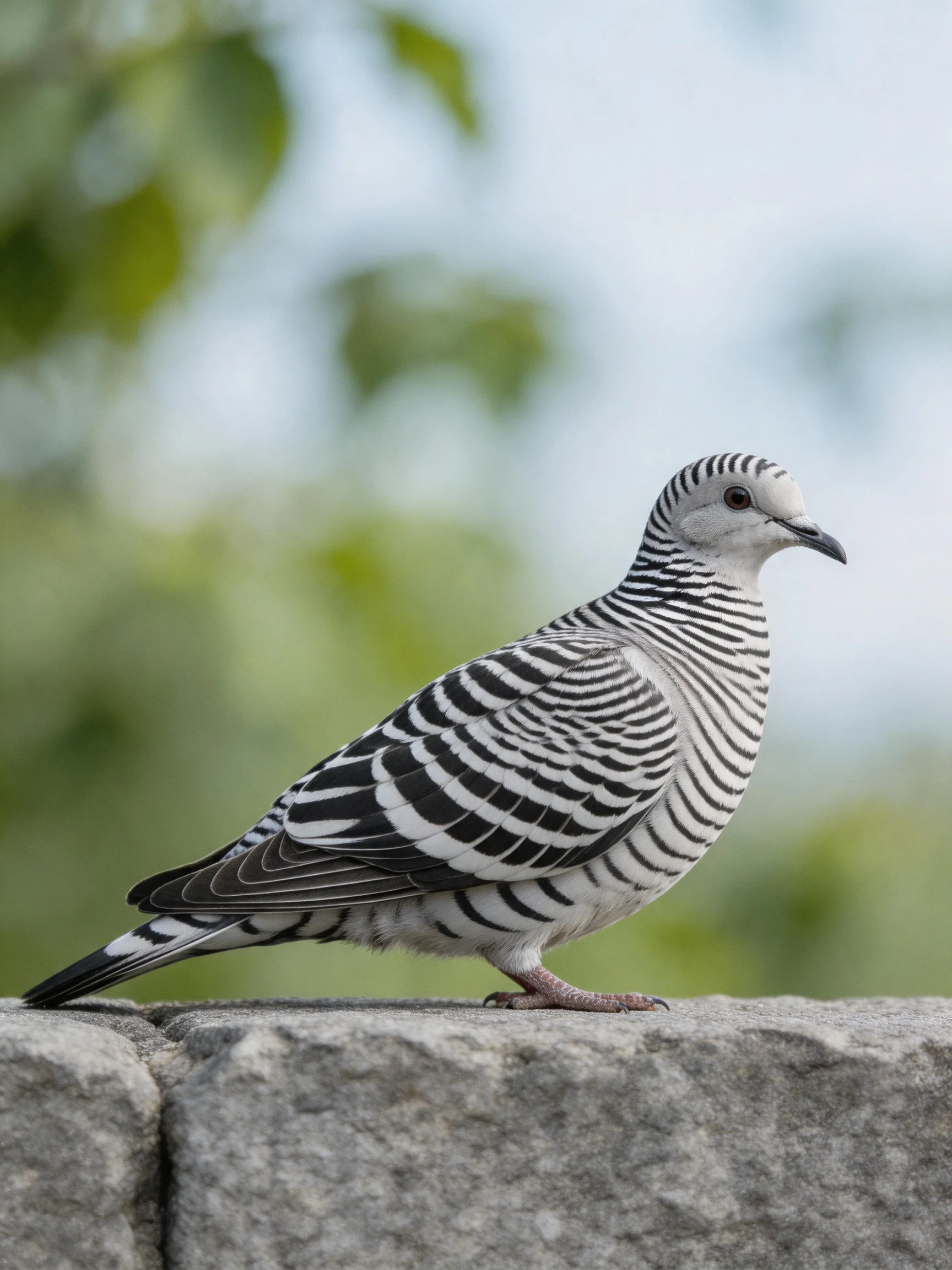 A black-and-white striped pigeon stands on a stone ledge with a blurred green backdrop.