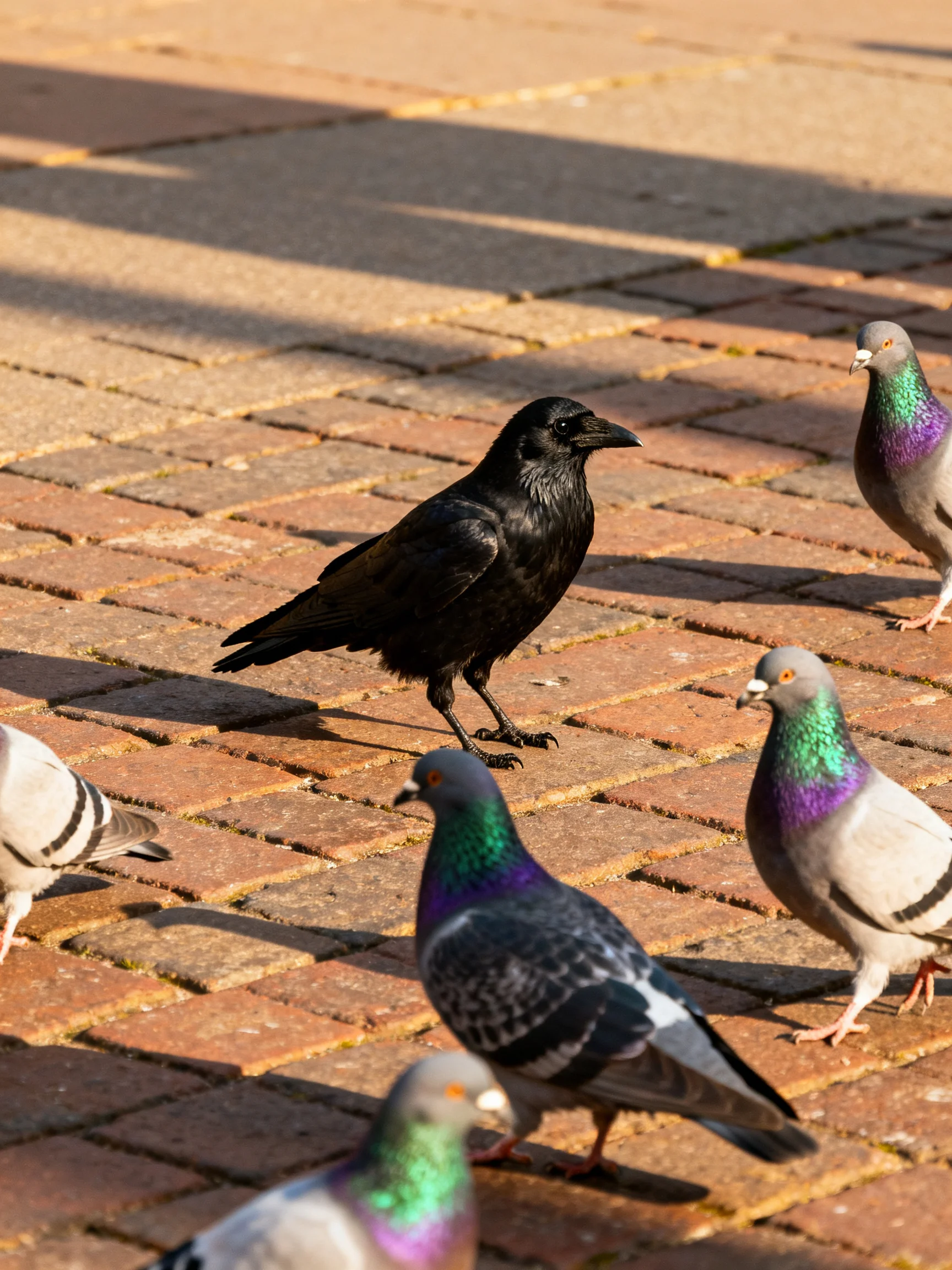 A black crow amid colorful pigeons on a brick-paved walkway