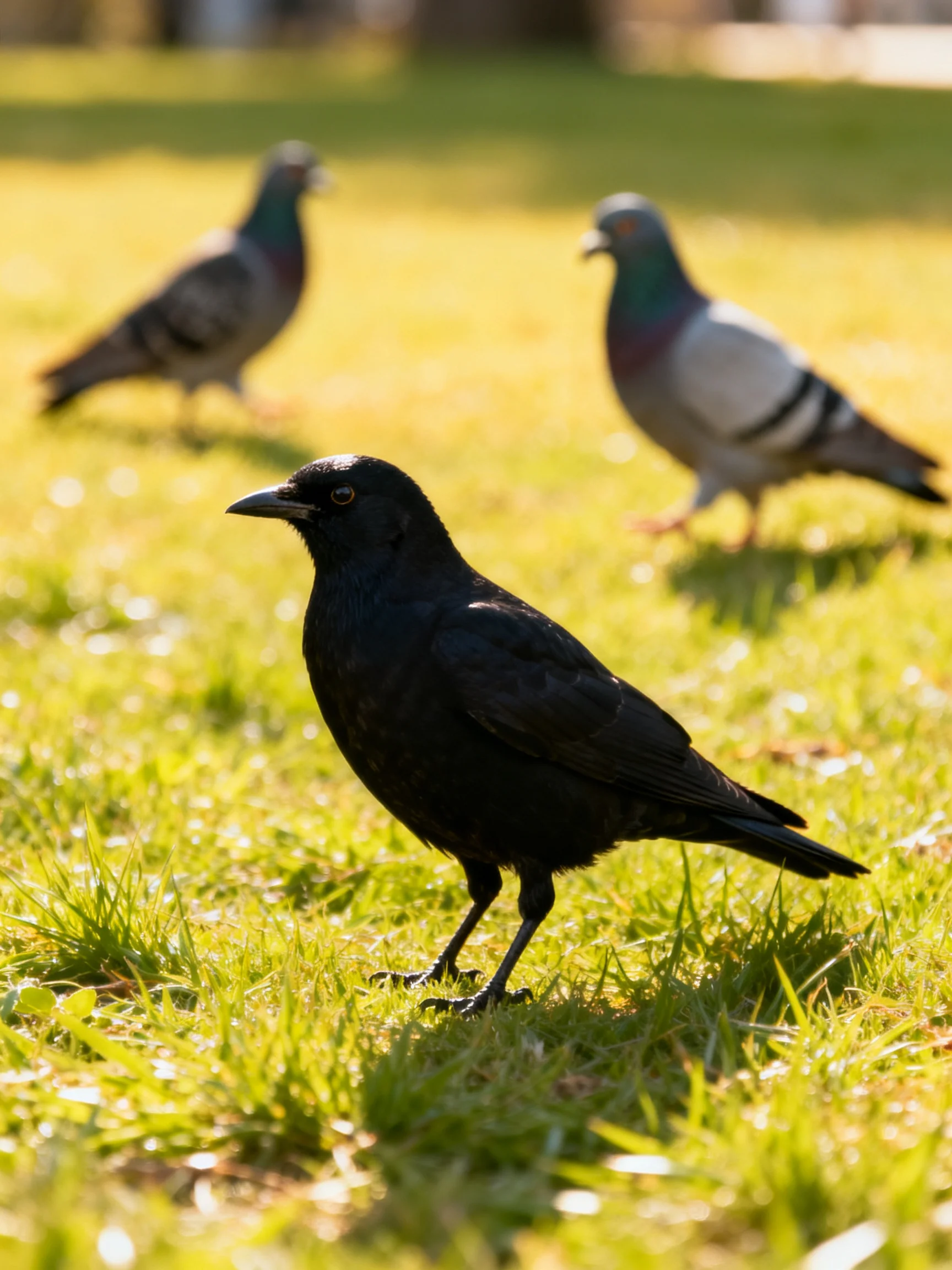 A black crow stands among two gray pigeons on sunlit grass