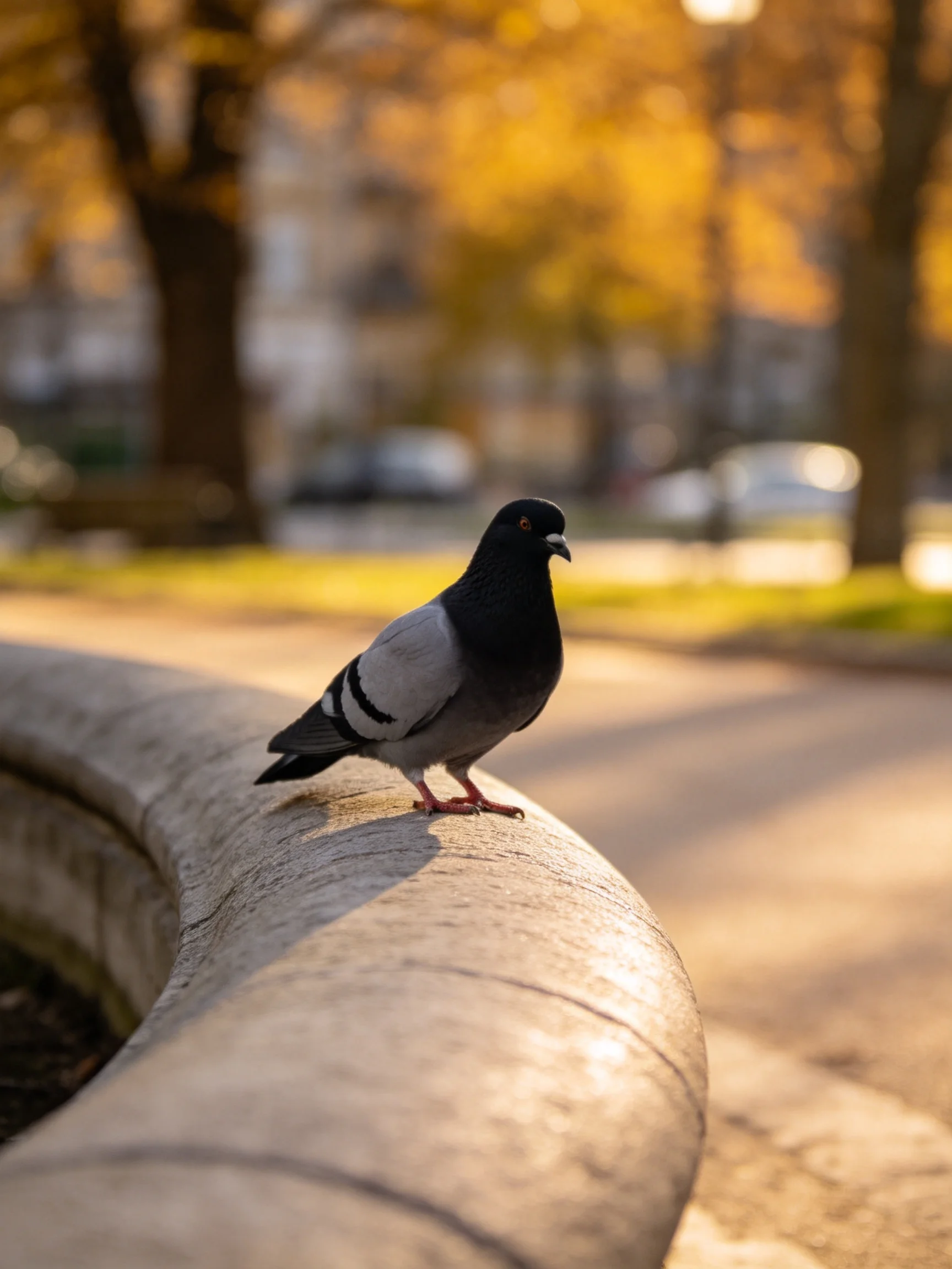 A pigeon rests on a stone ledge in a sunlit autumn park setting.
