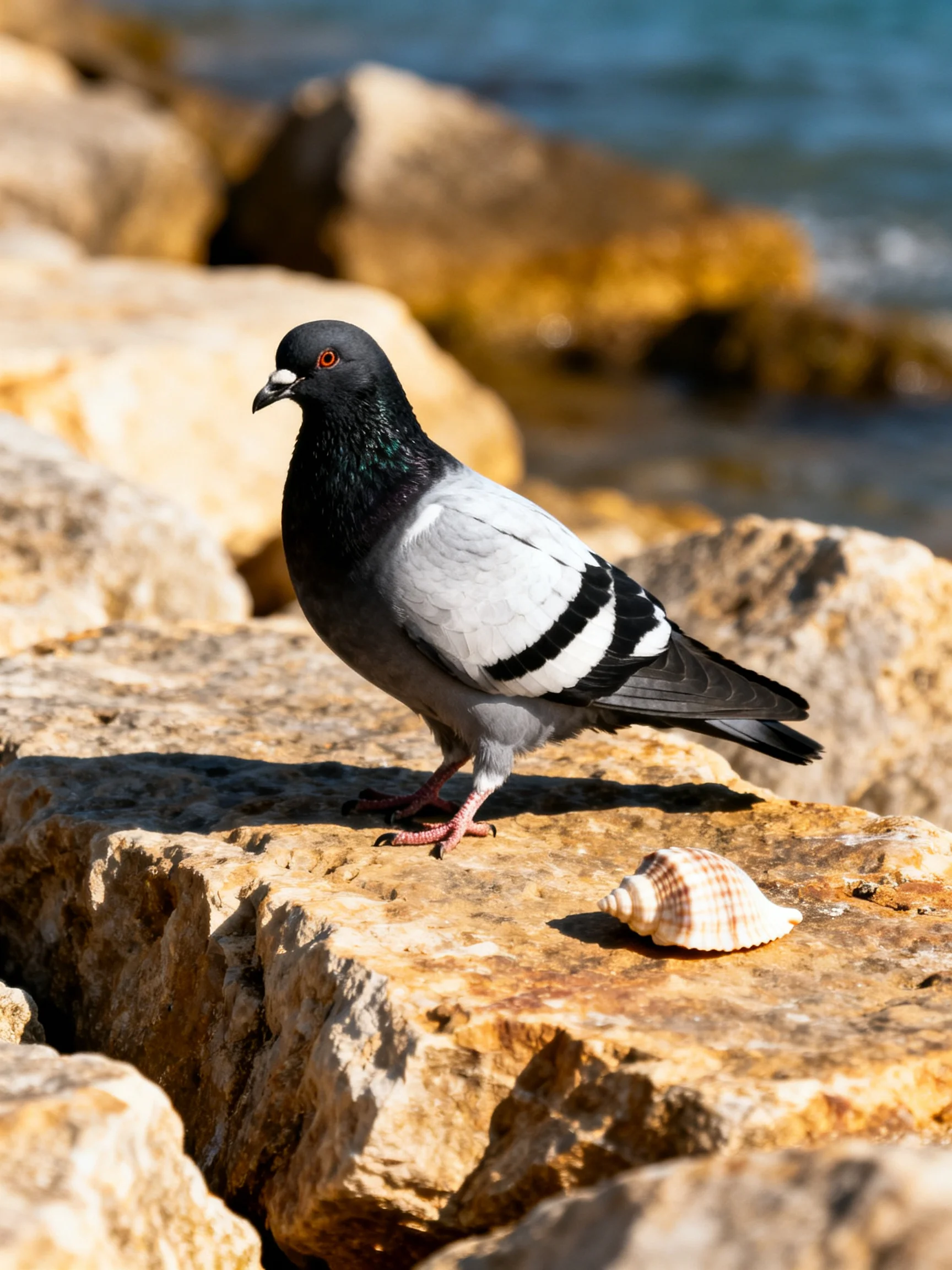 A pigeon stands on coastal rocks near the sea with a seashell nearby.
