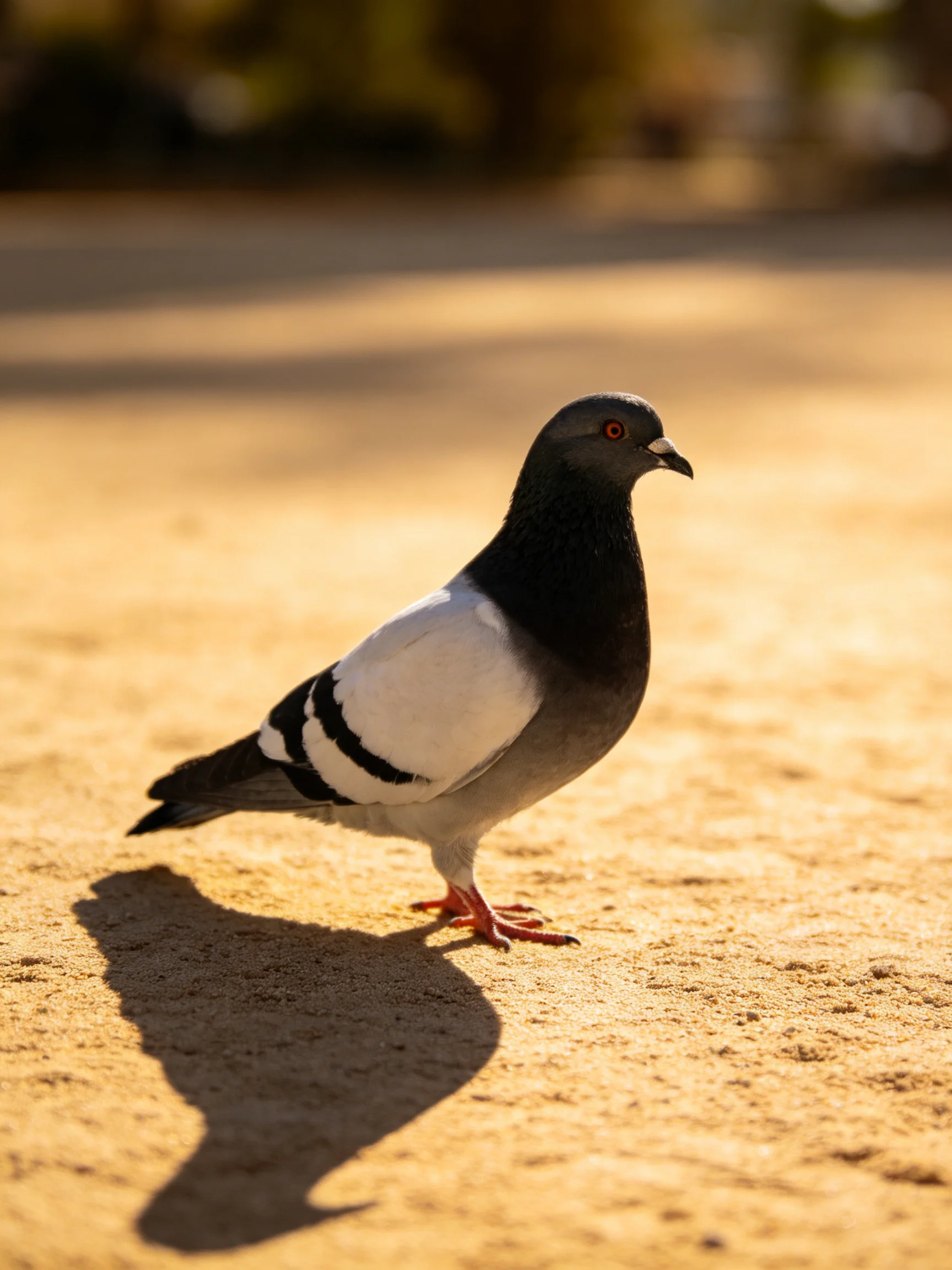 A pigeon with black head and white wings stands on sandy pavement.