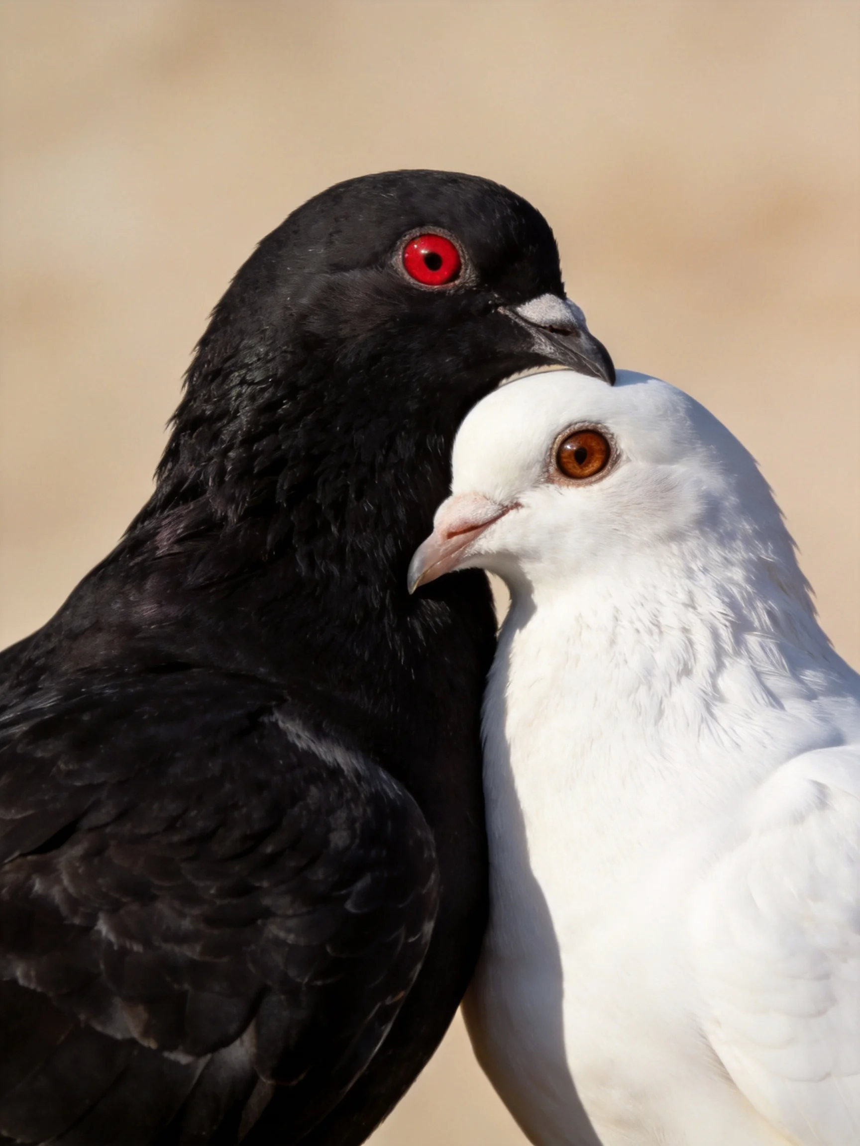 A black pigeon and white dove nuzzle closely in soft light