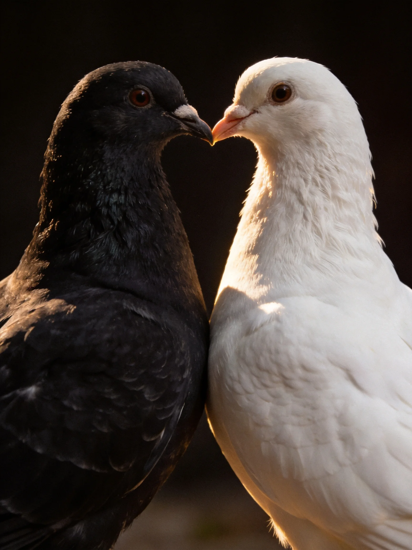 A black pigeon and white dove nuzzle closely together