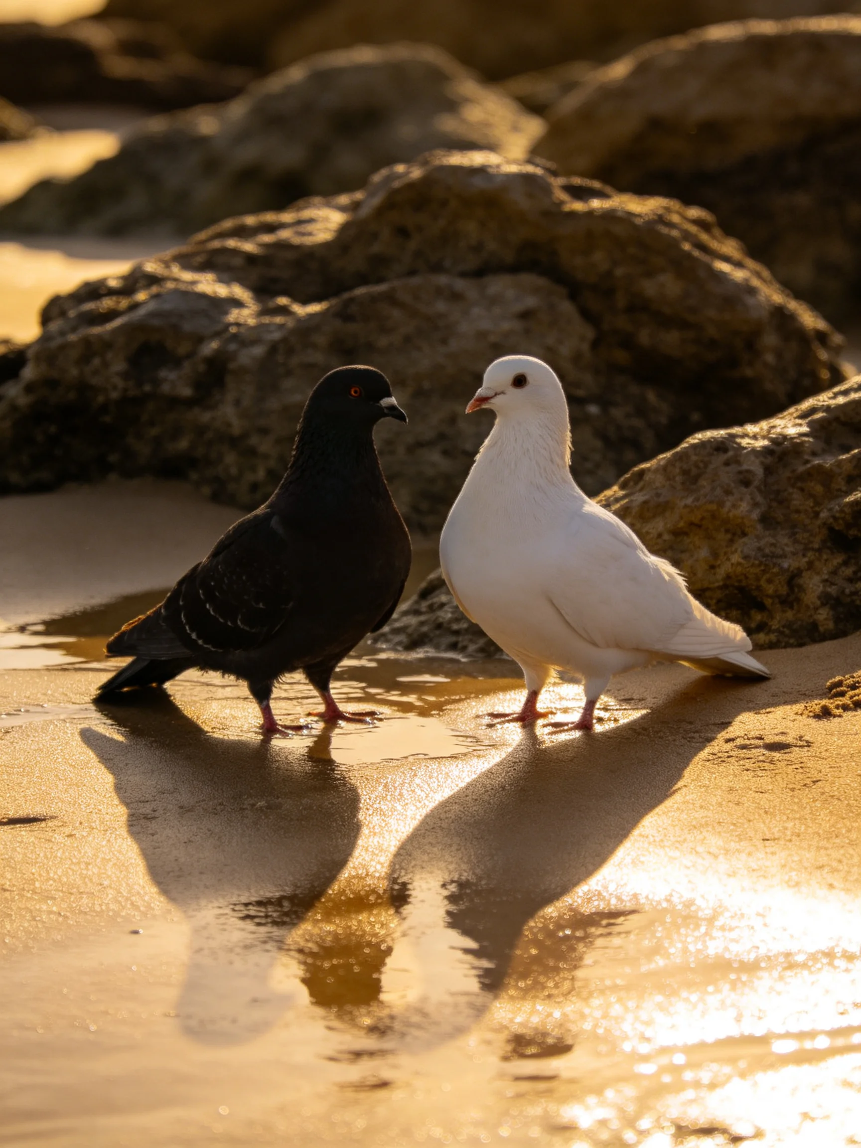 A black pigeon and white dove stand on sandy shore near rocky formations