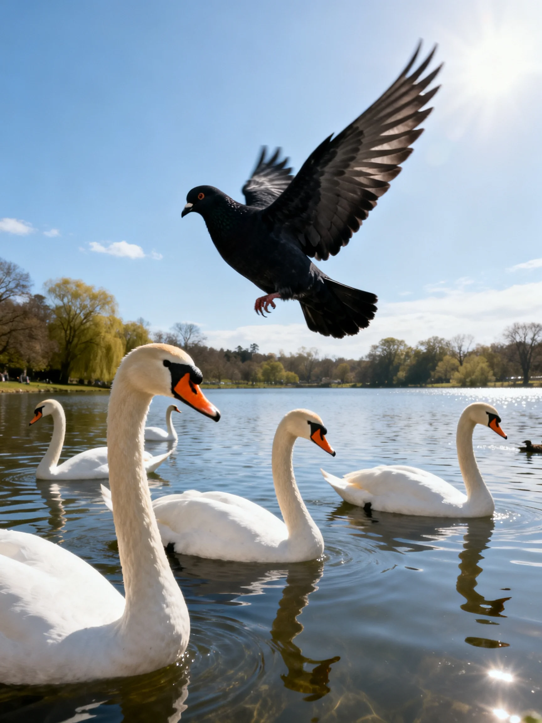 A black pigeon flies over five white swans in a sunny lake