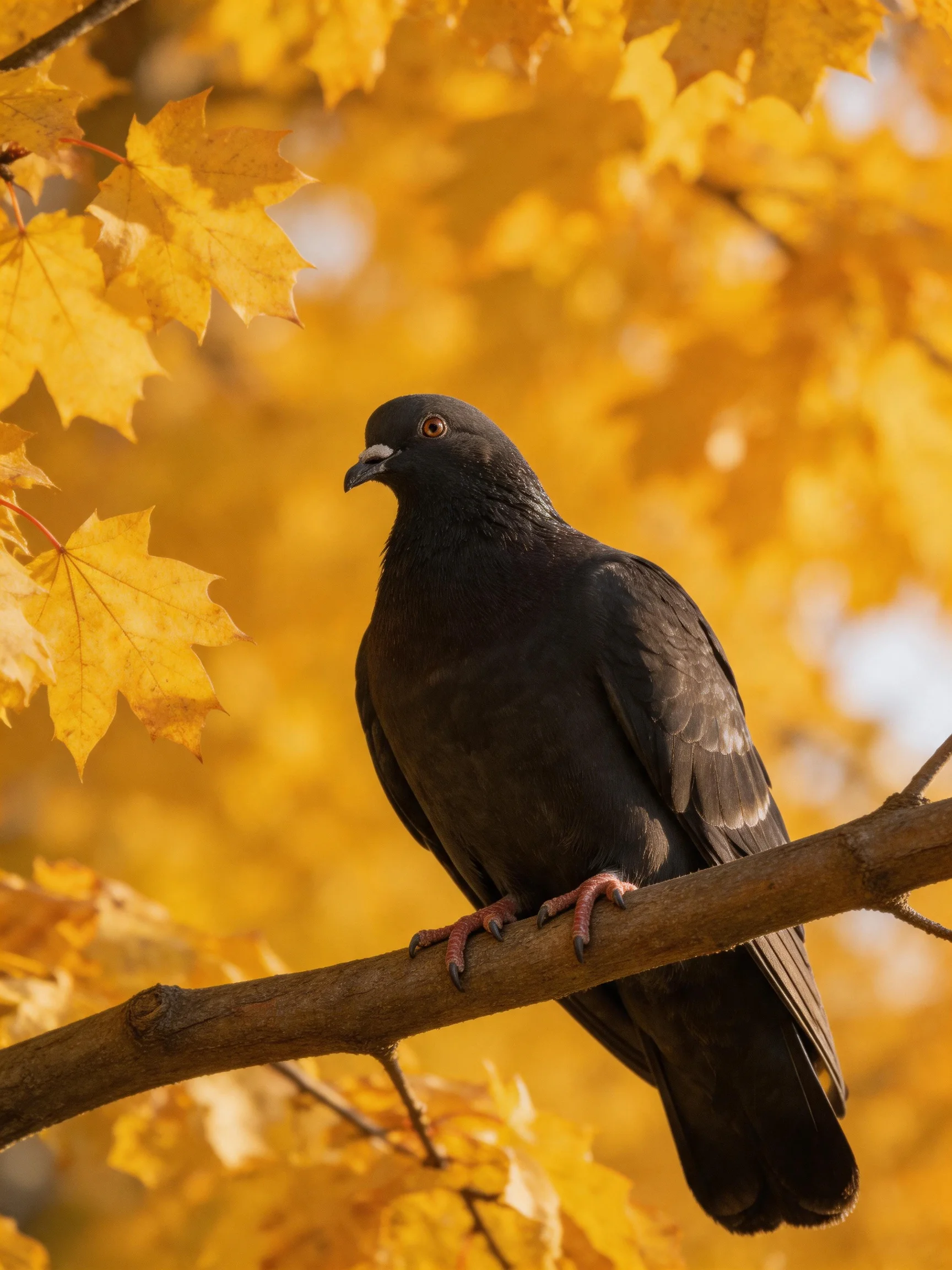 A black pigeon perched on a branch amid golden autumn foliage