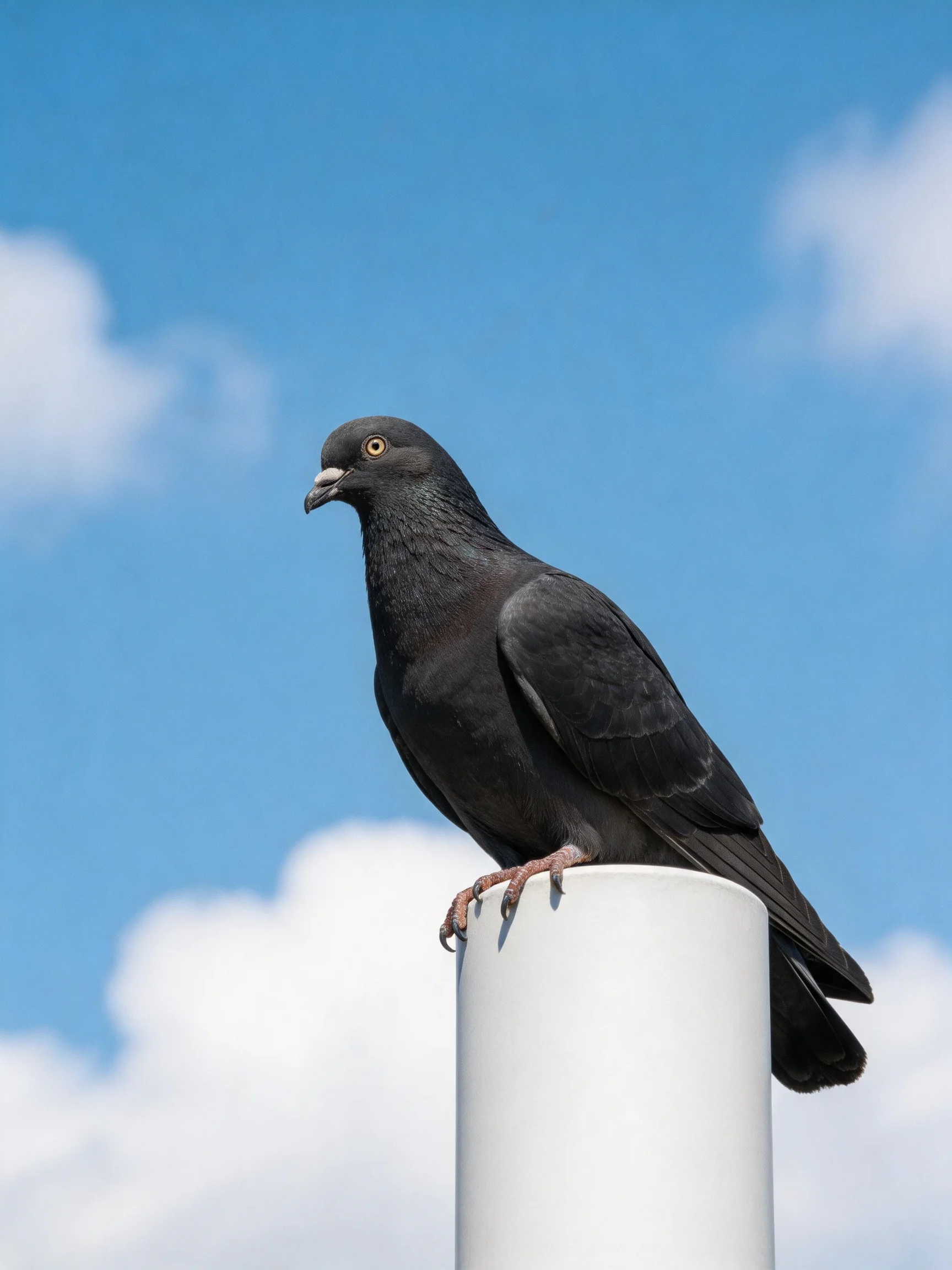 A black pigeon rests atop a white post with a blue sky and clouds behind.
