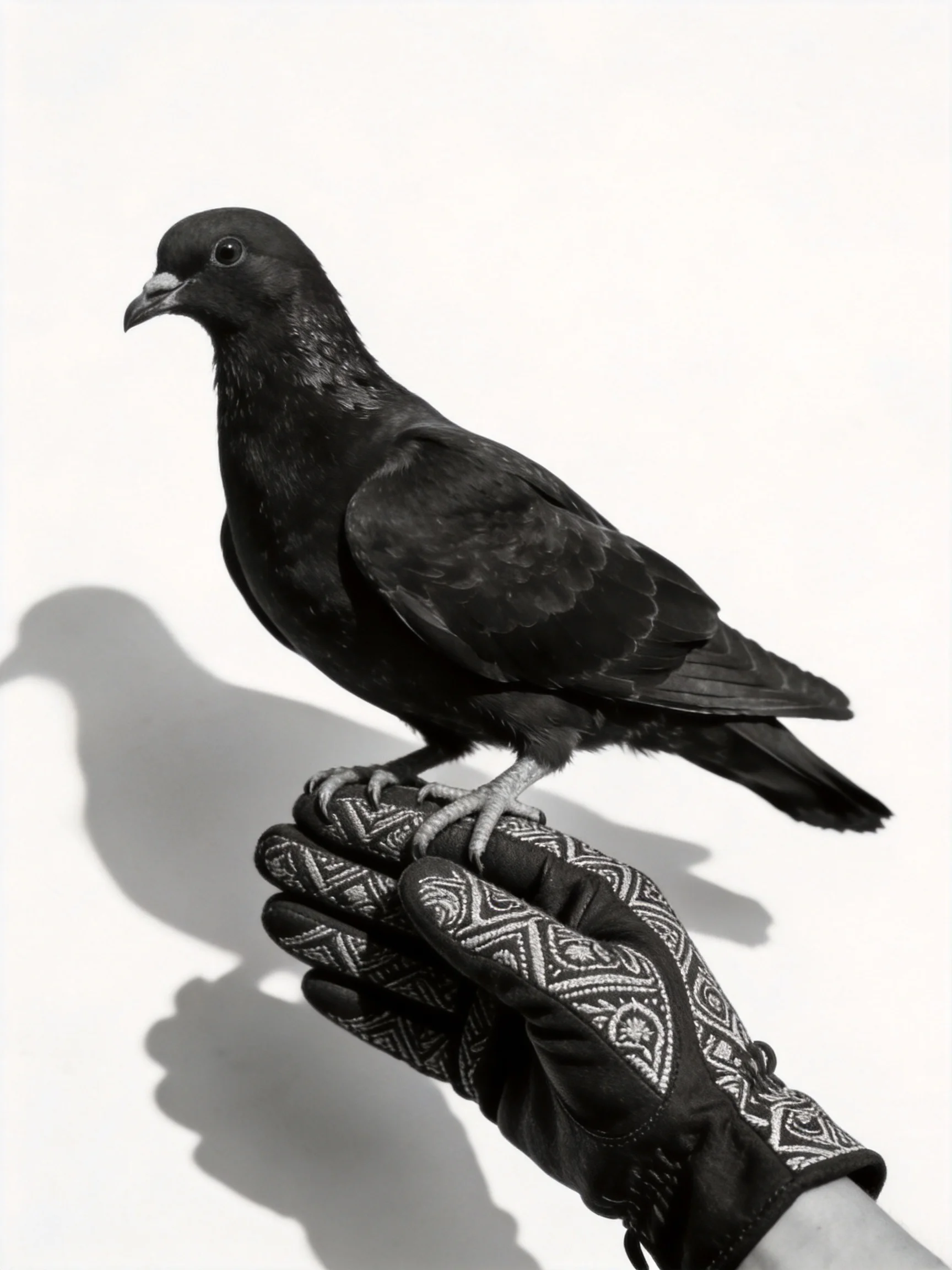 A black pigeon perches on a patterned glove against a white backdrop