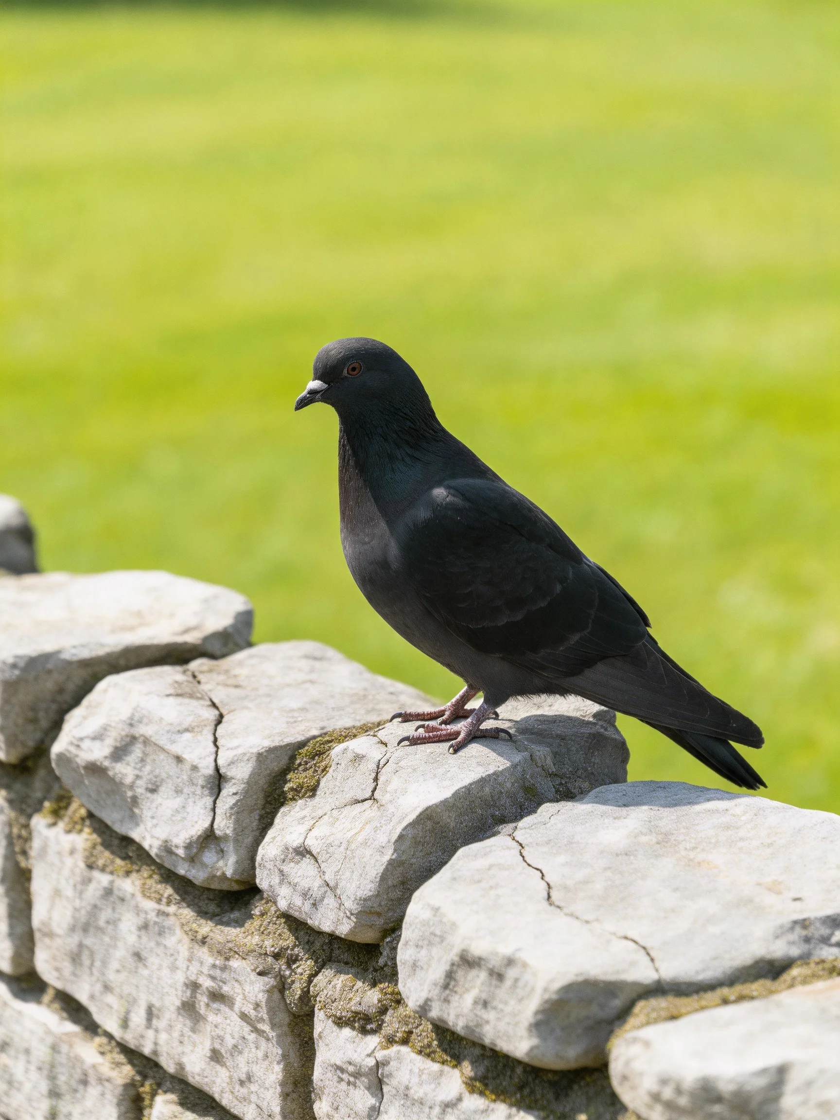 A black pigeon stands on a stone wall near a green field.