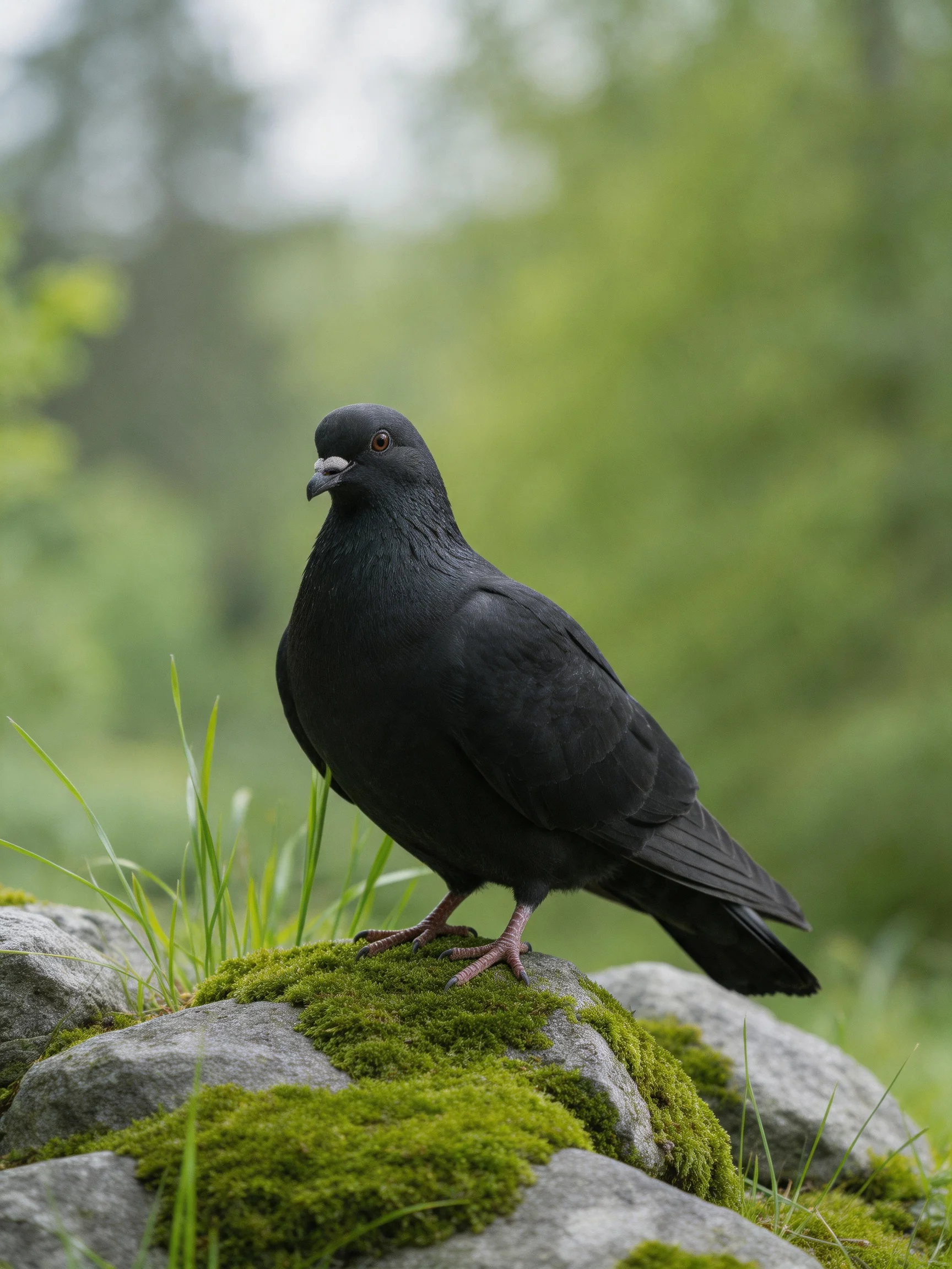 A black pigeon perches on mossy gray rocks amidst lush greenery