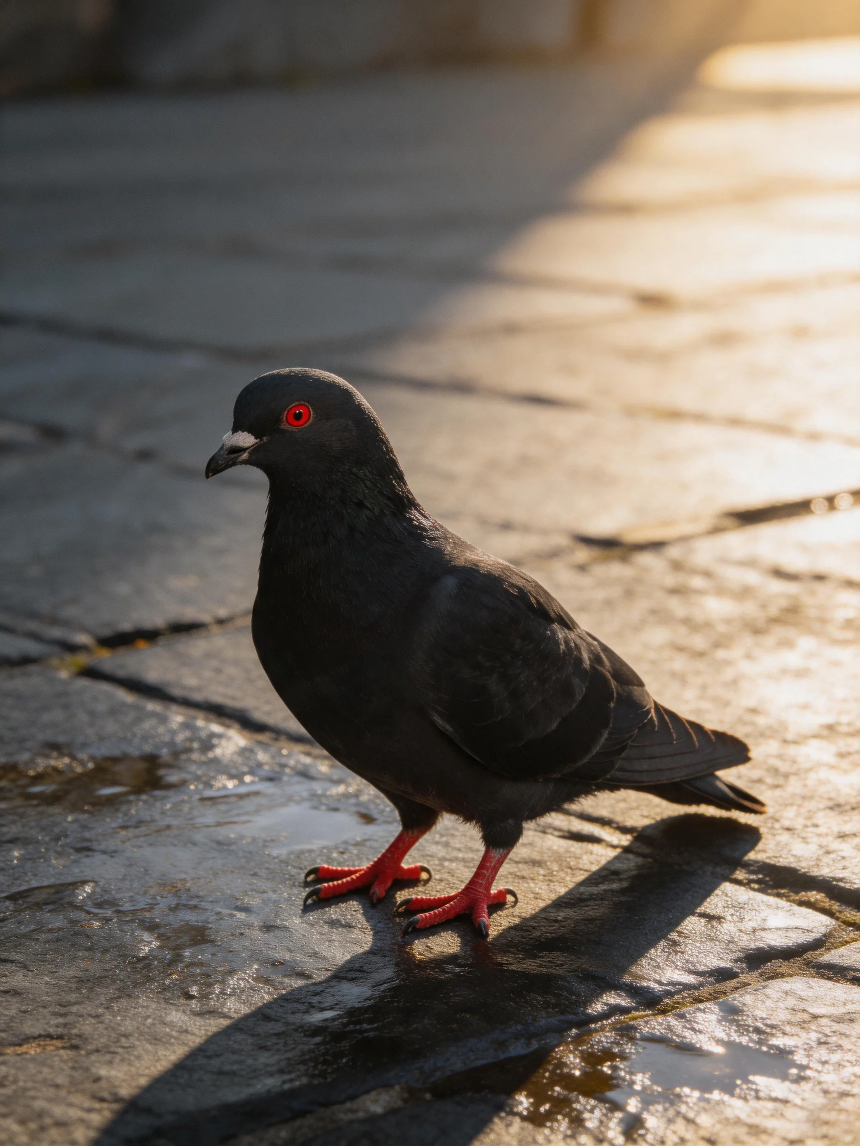 A black pigeon with red eyes walks on a wet stone surface.