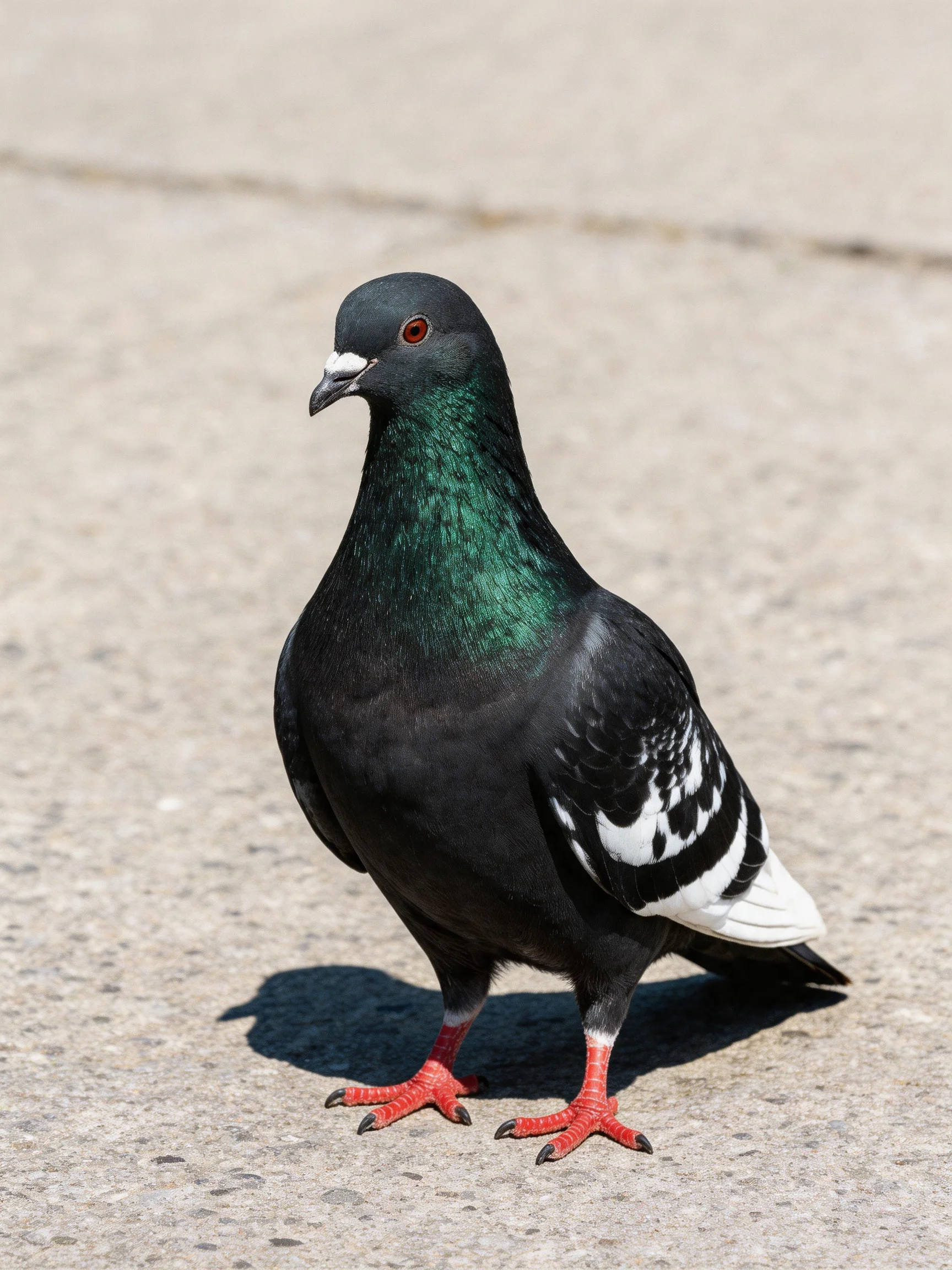 A black pigeon with emerald neck, white-striped wings, and red feet