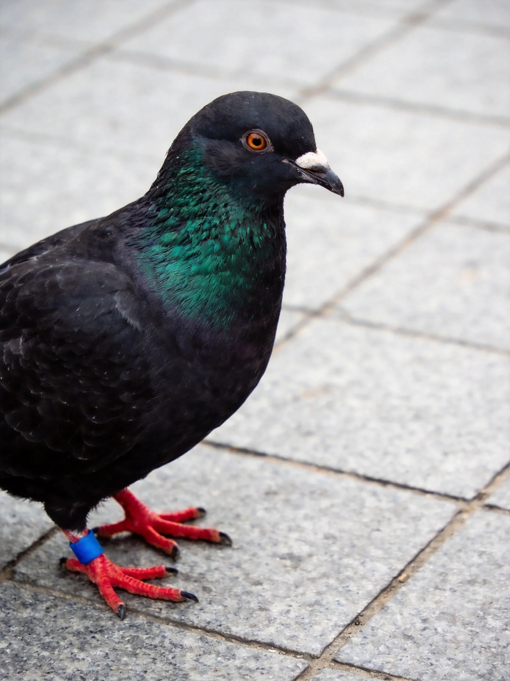 A black pigeon with iridescent green neck and red feet on tiled pavement