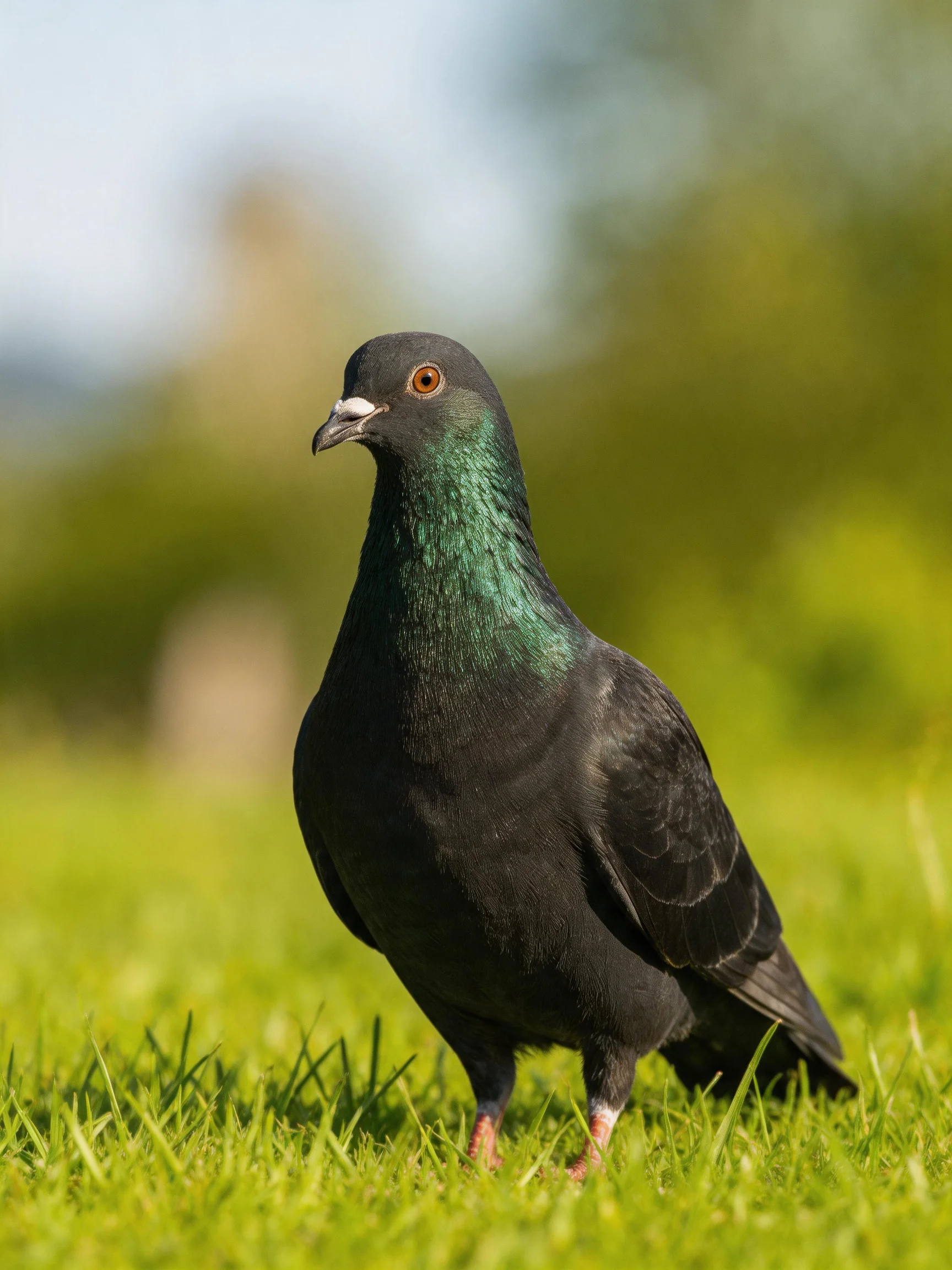 A black pigeon with iridescent green neck stands on vibrant grass