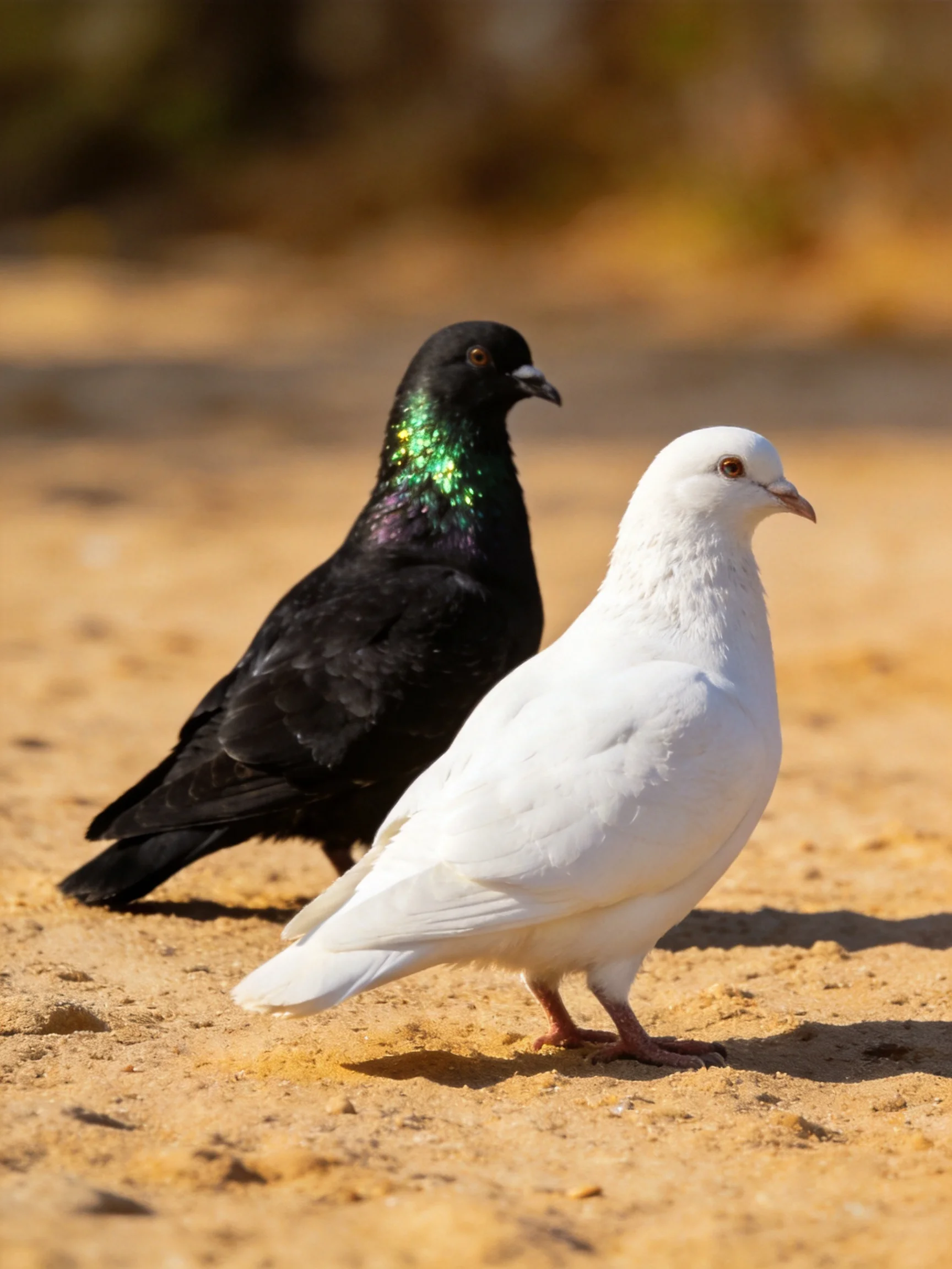 A black pigeon with iridescent neck and a white pigeon stand on sandy ground