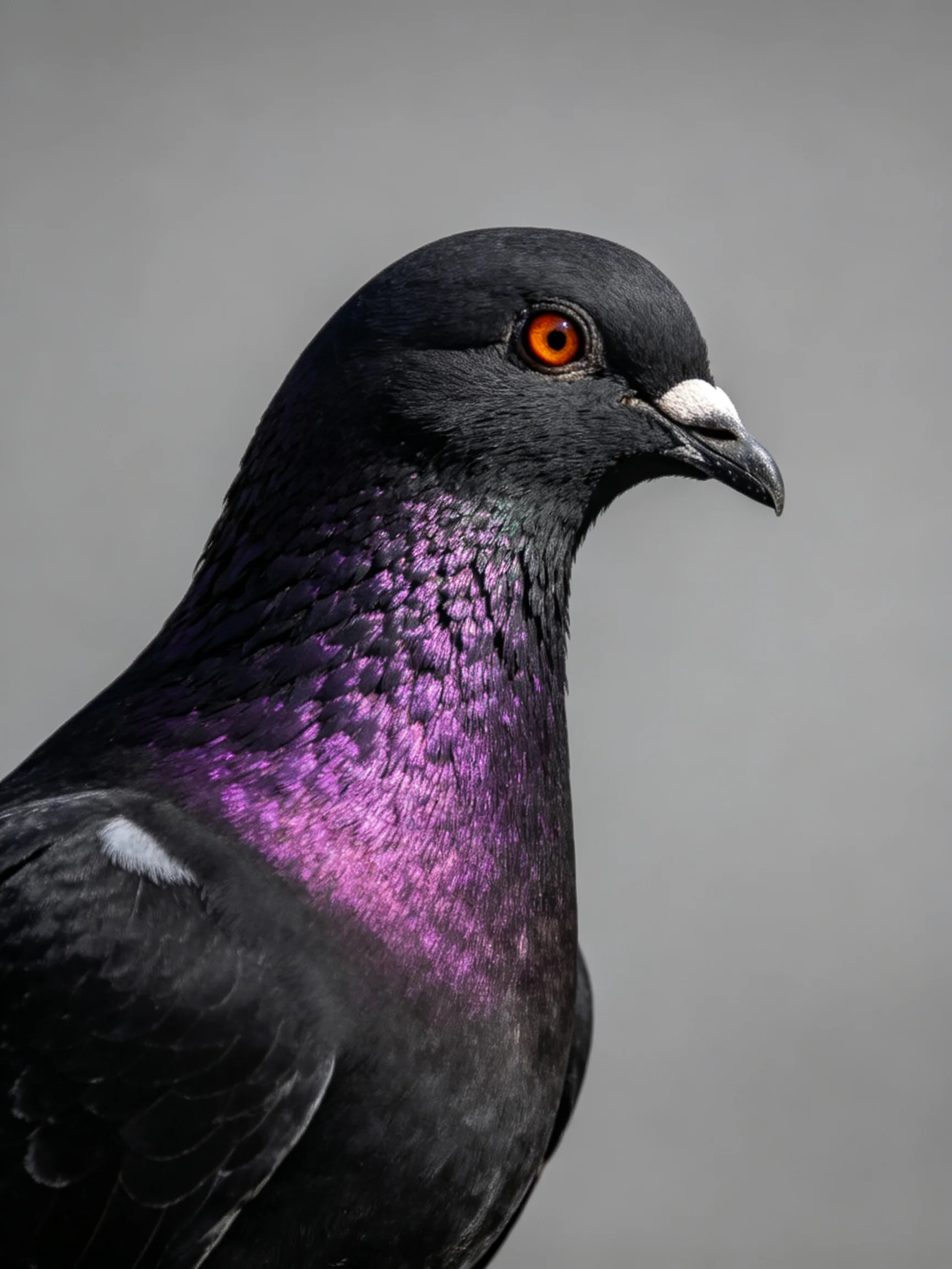 A black pigeon with iridescent purple neck and bright orange eye