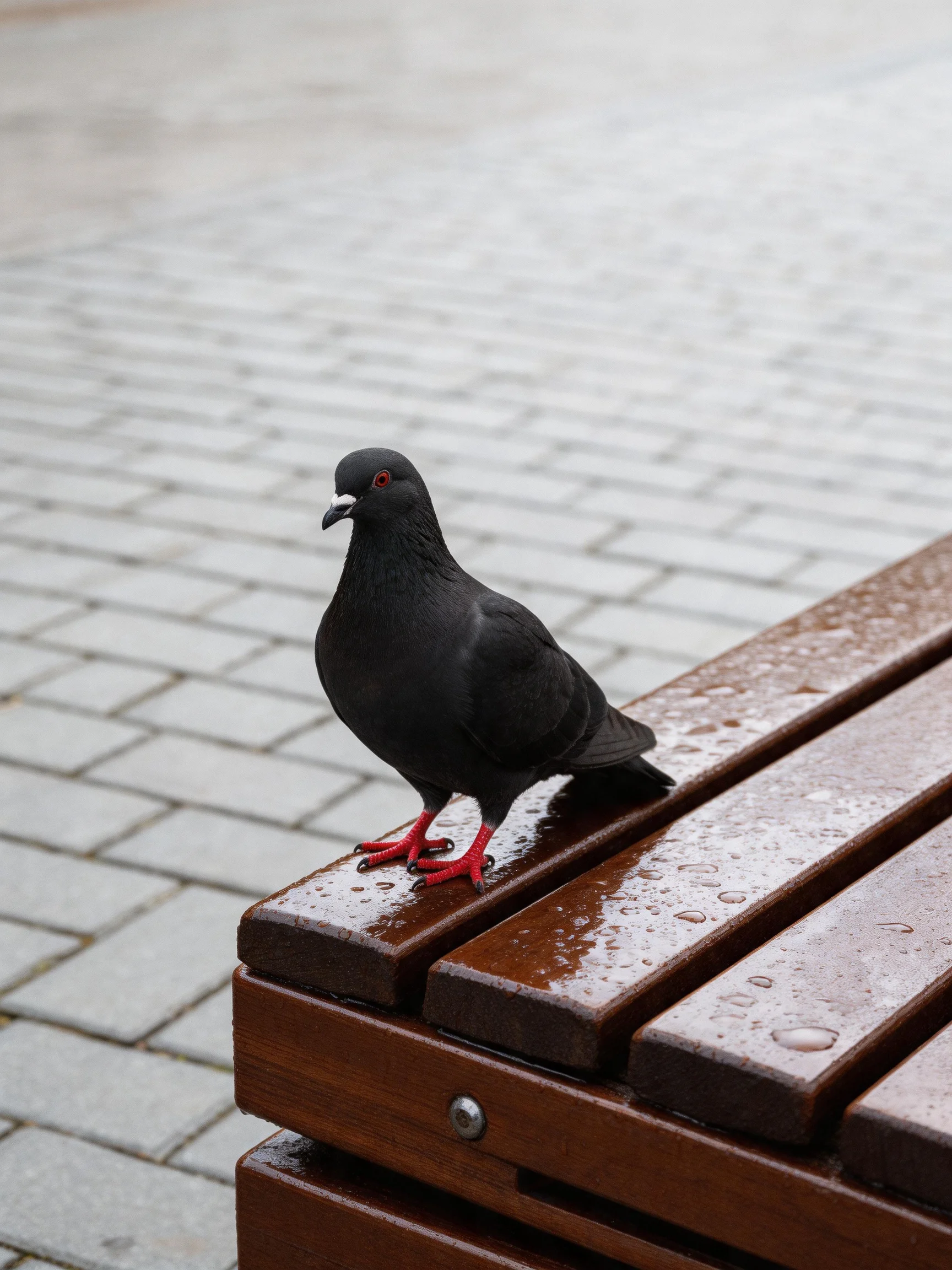 A black pigeon with red feet on a wet wooden bench by brick pavement
