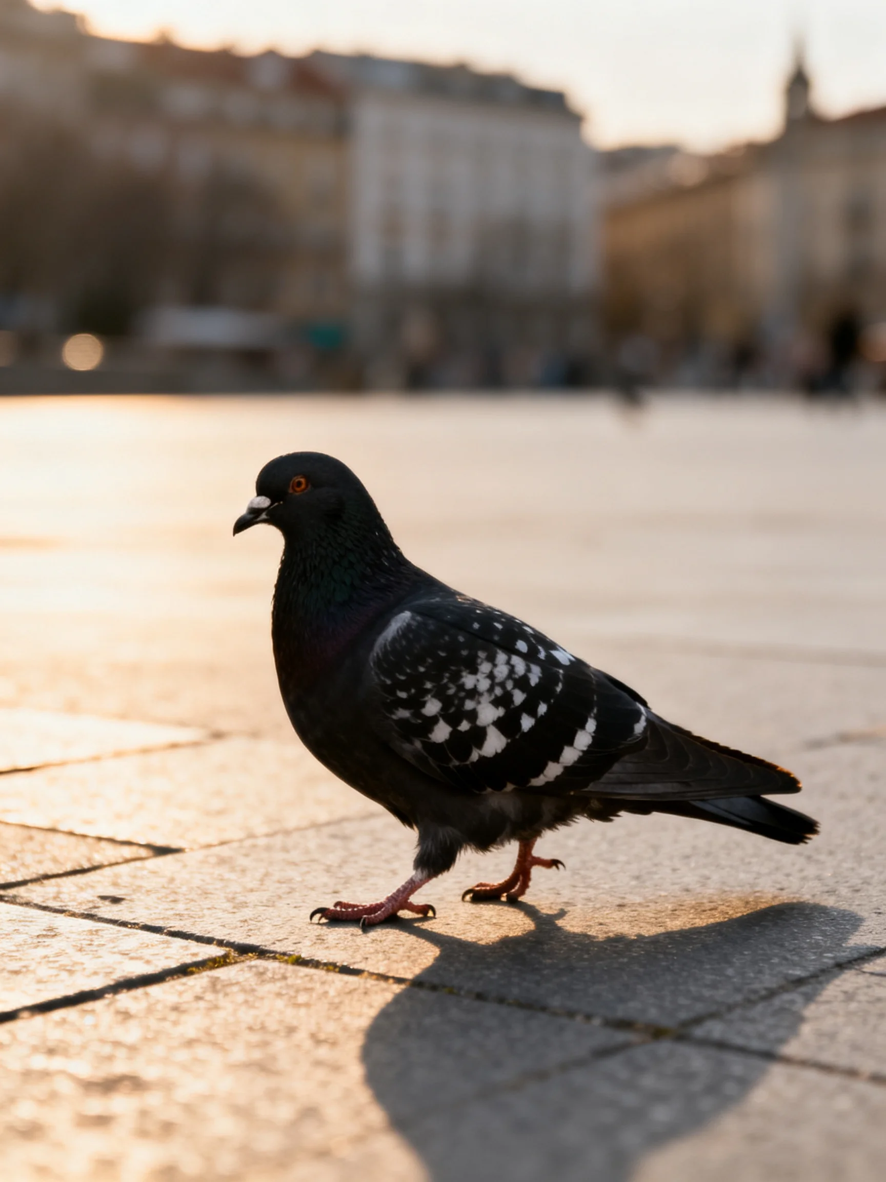A black pigeon with white markings on a sunlit city plaza
