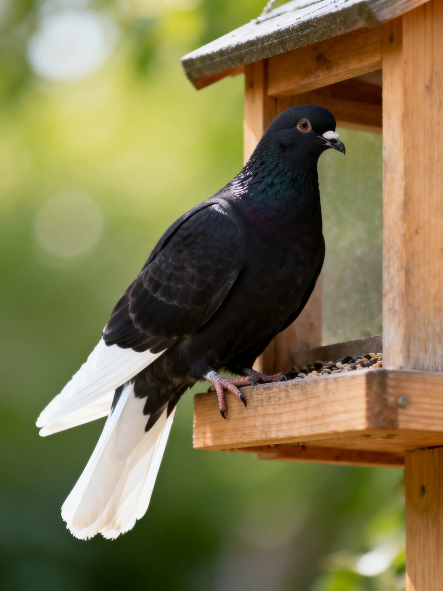 A black pigeon with white tail perches on a wooden bird feeder