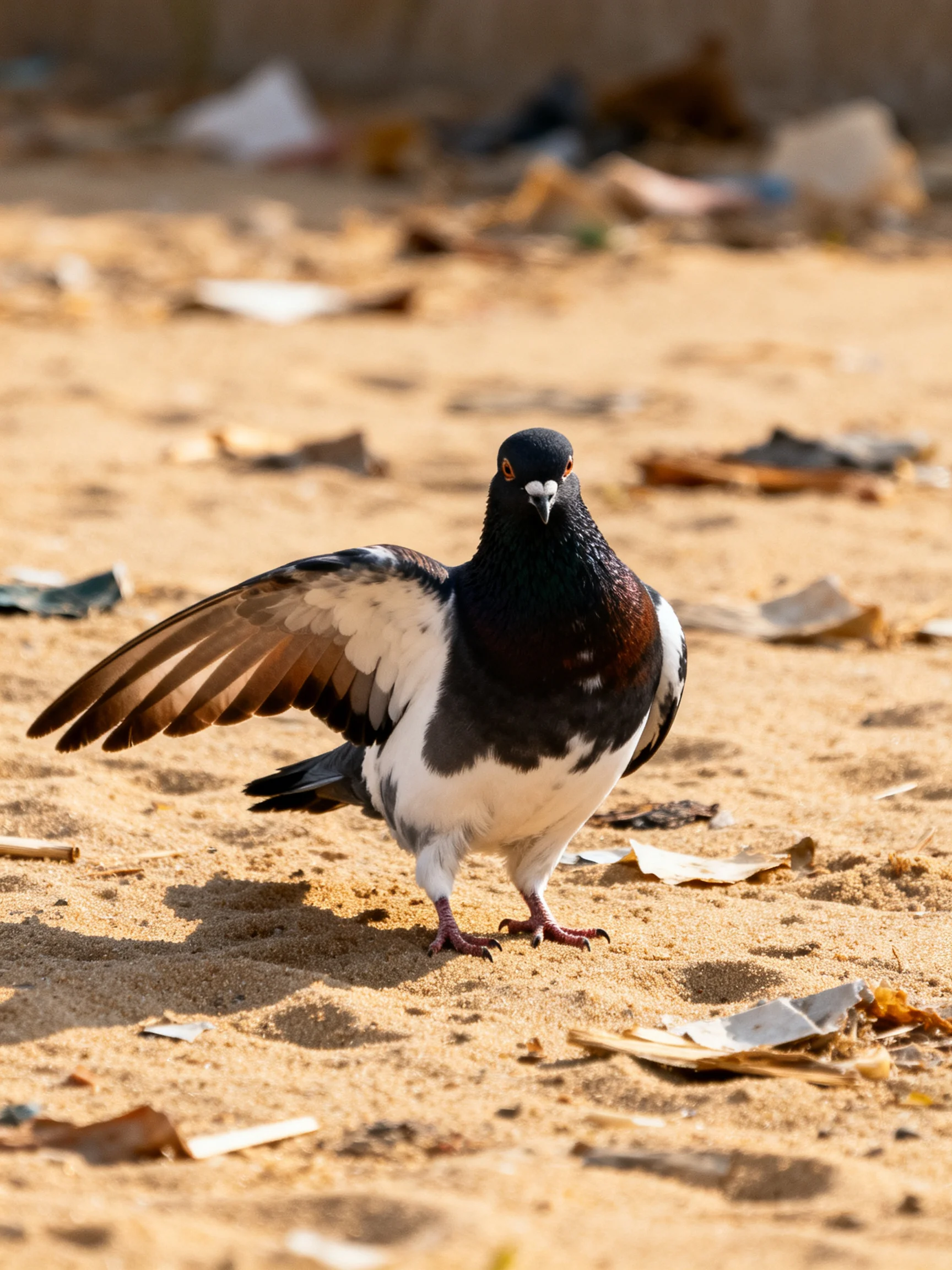 A black, white, and brown pigeon spreads wings on sandy ground