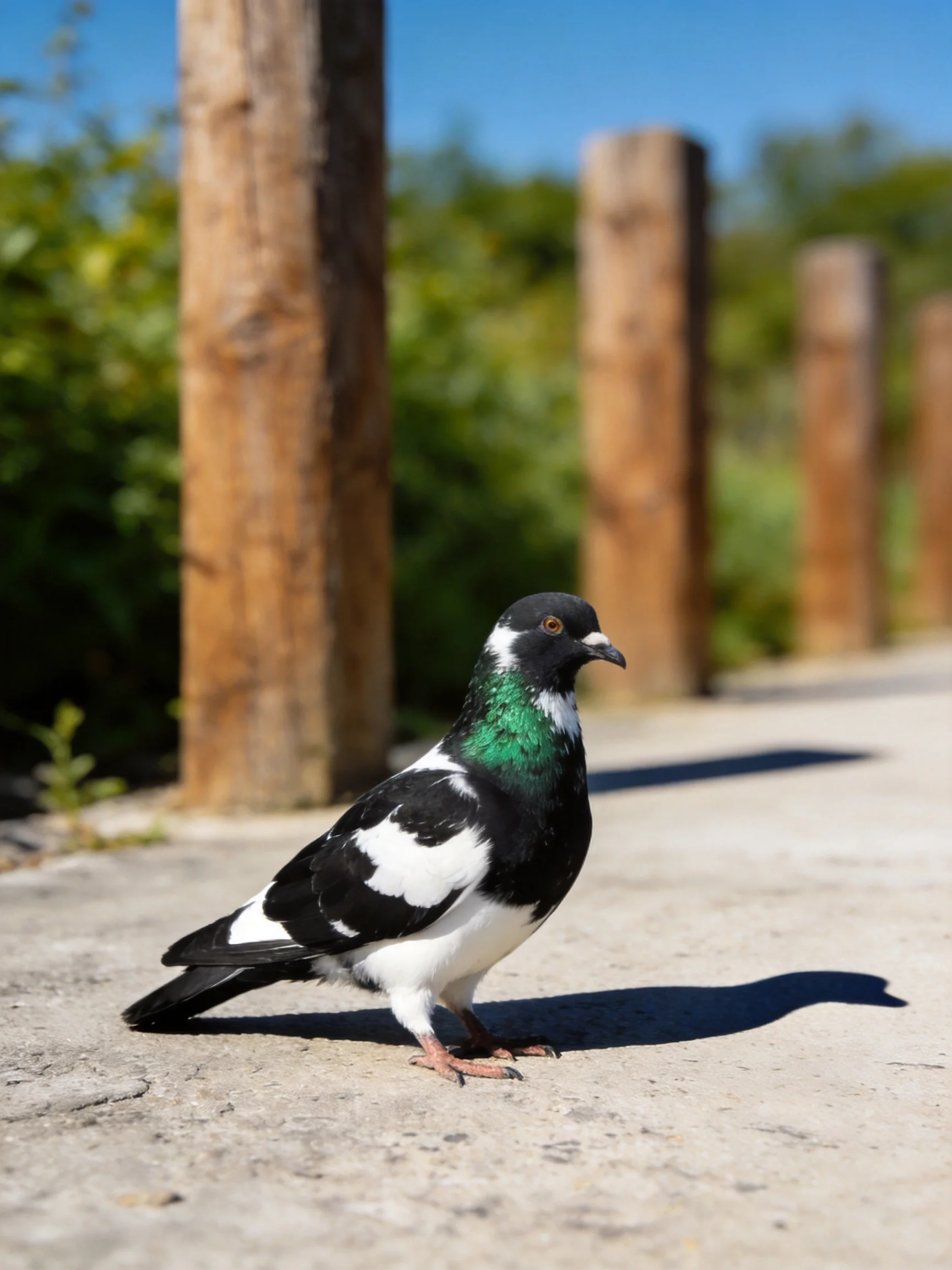 A black, white, and green pigeon on a concrete path near wooden posts