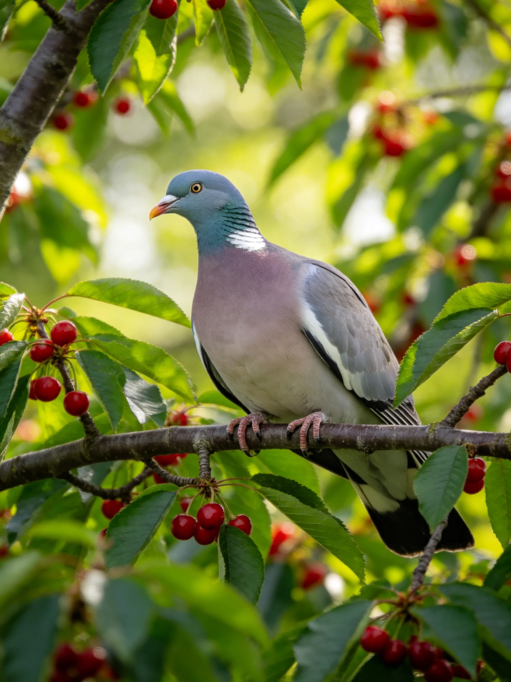 A pigeon rests on a branch near cherry trees with red cherries.