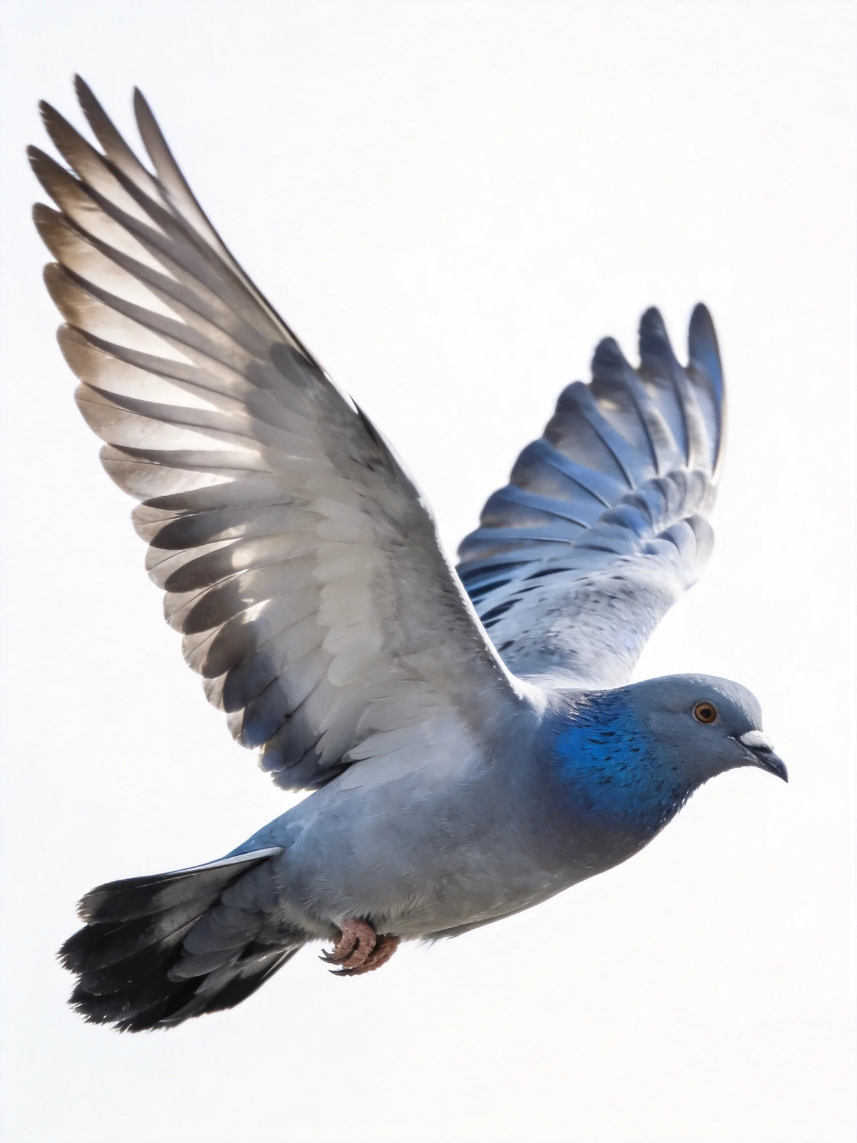 A blue-gray pigeon flies with wings fully extended against bright sky