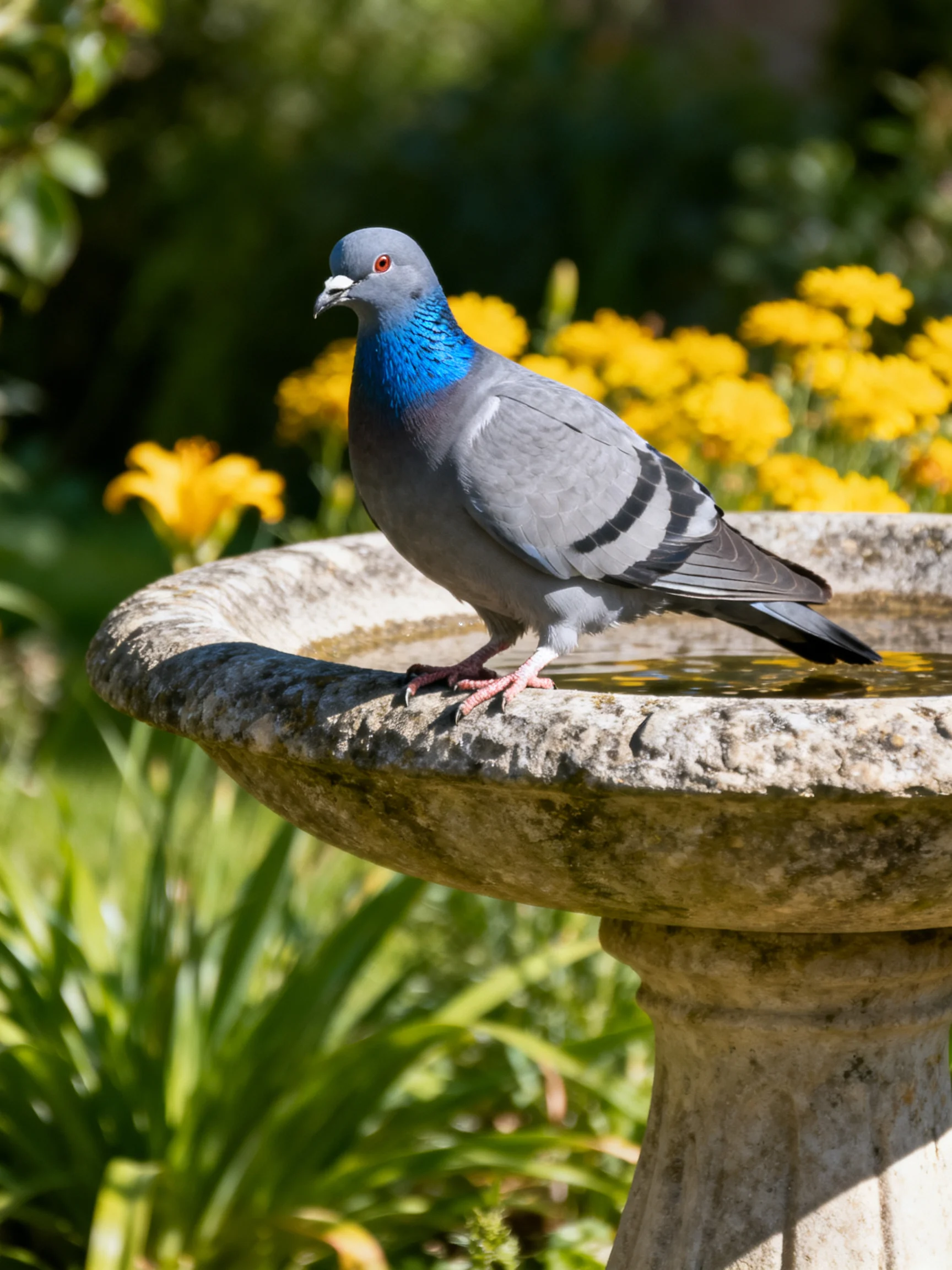 A blue-gray pigeon on a weathered stone birdbath near yellow flowers
