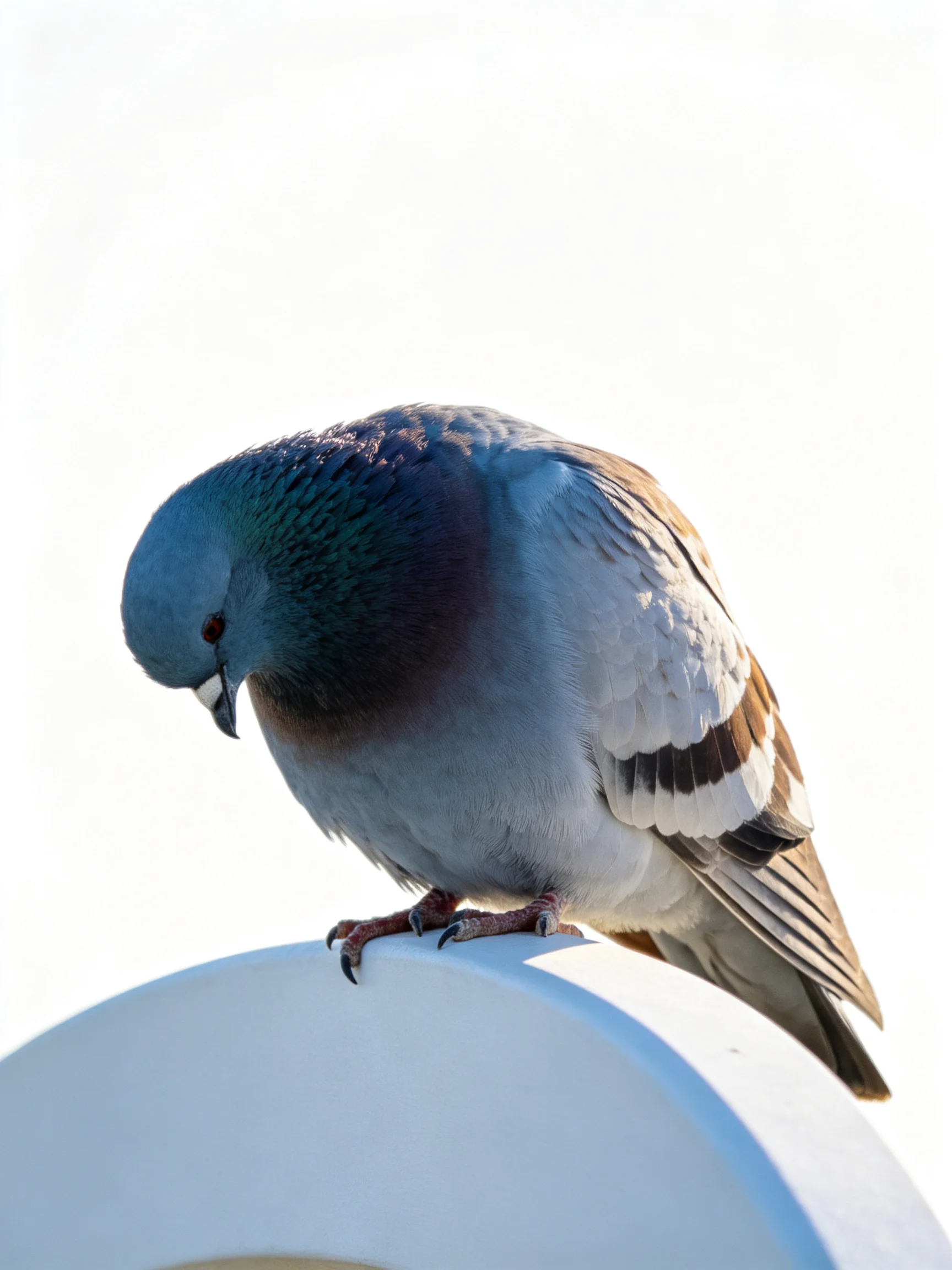 A blue-gray pigeon perched on a smooth white curved structure