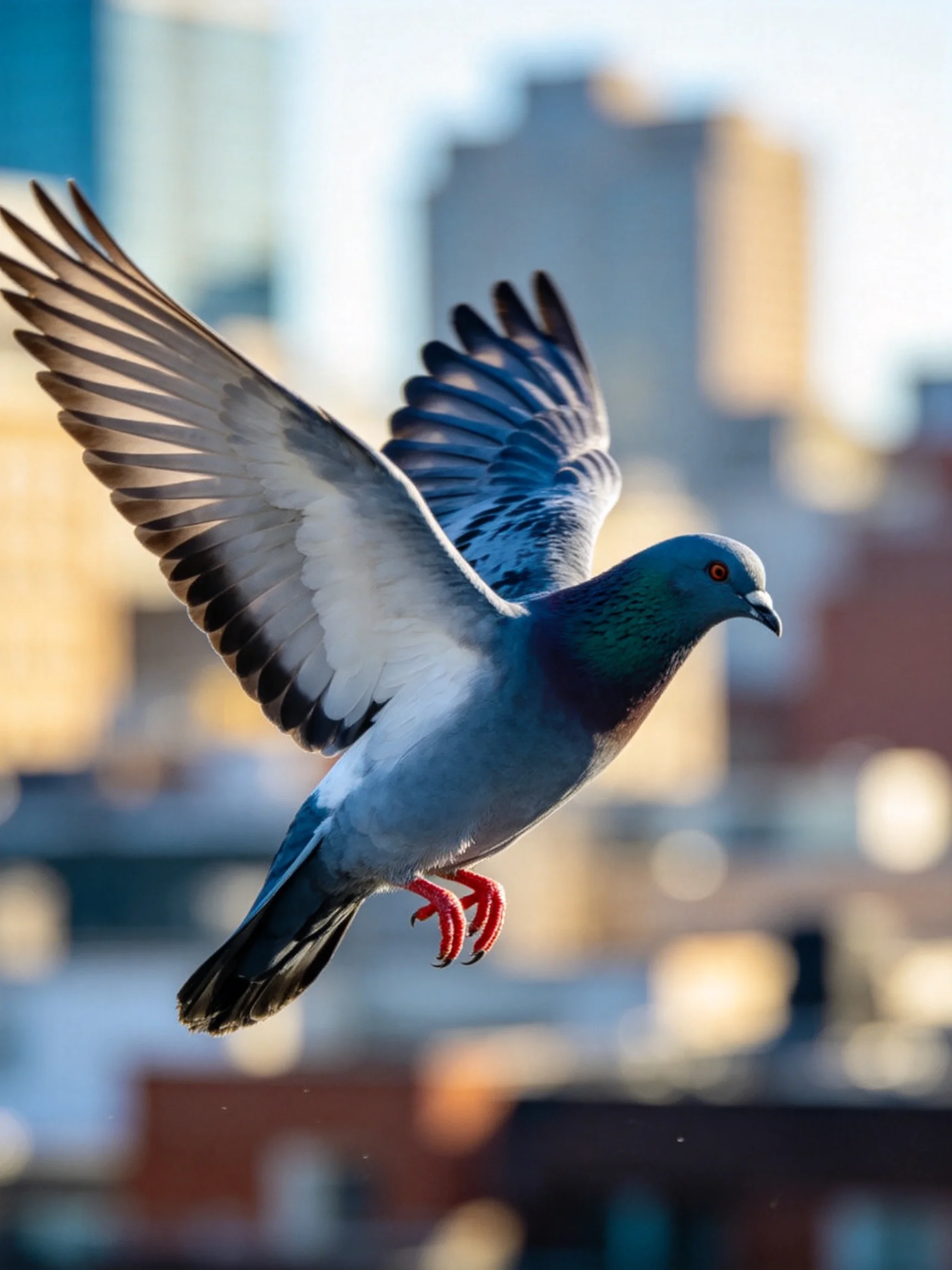 A blue-gray pigeon soars over city buildings